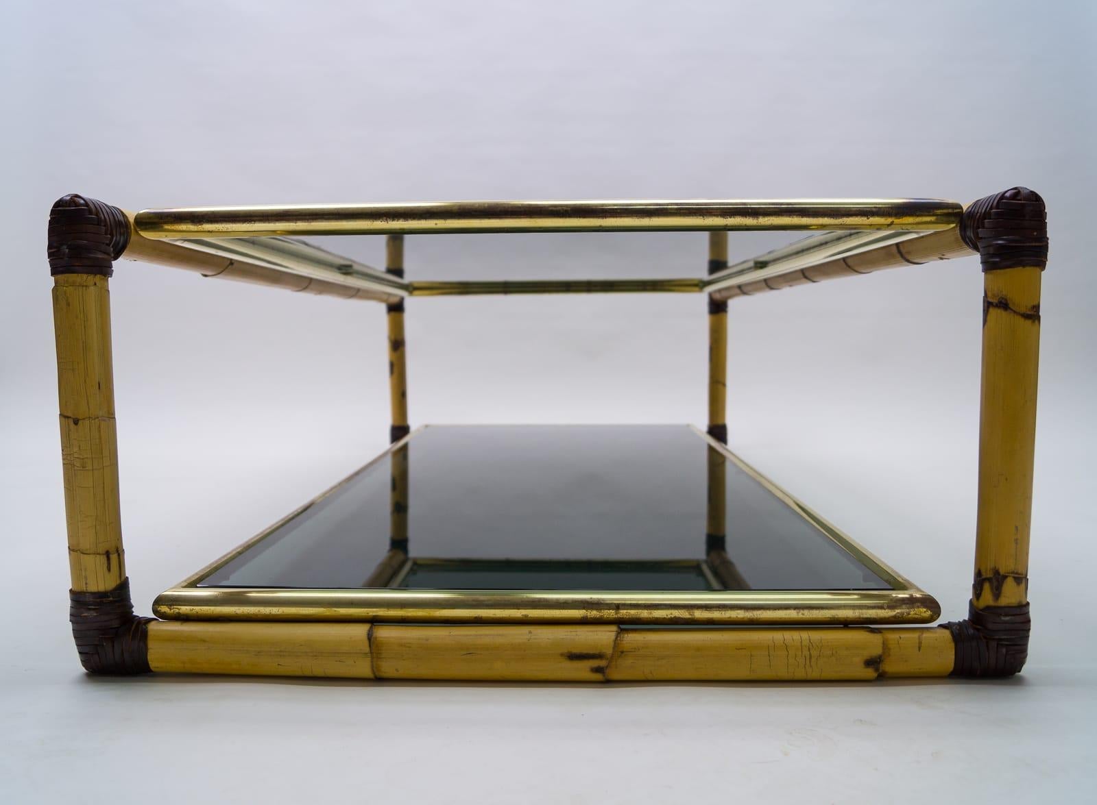 Large Italian Bamboo / Leather and Smoked Glass Coffee Table, 1960s 3