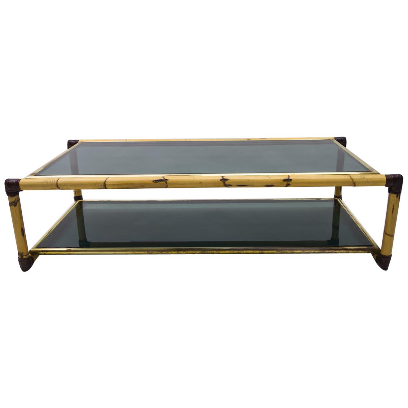 Large Italian Bamboo / Leather and Smoked Glass Coffee Table, 1960s