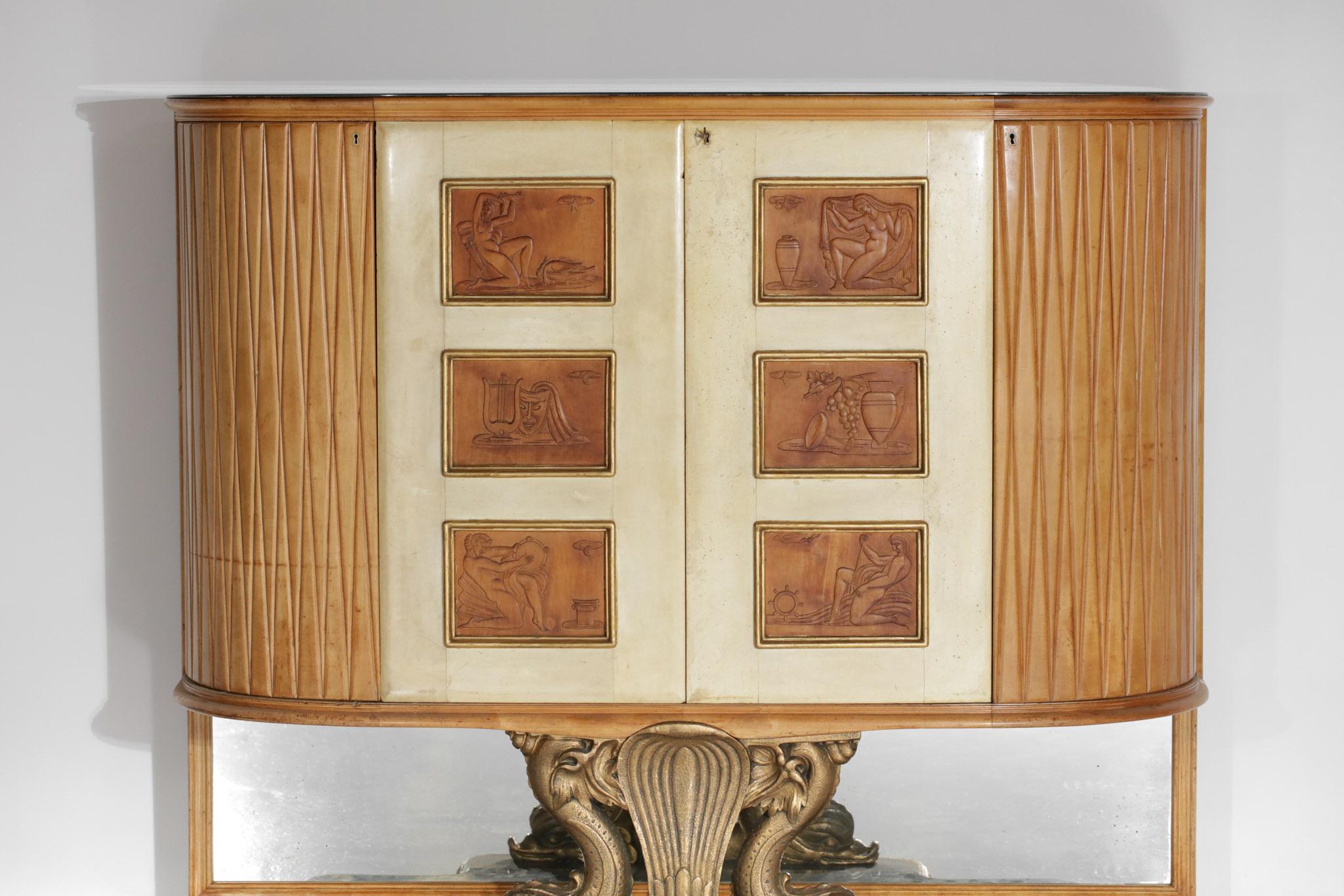Baroque Revival Large Italian Bar Furniture by Osvaldo Borsani in Wood and Parchment 1940, E379