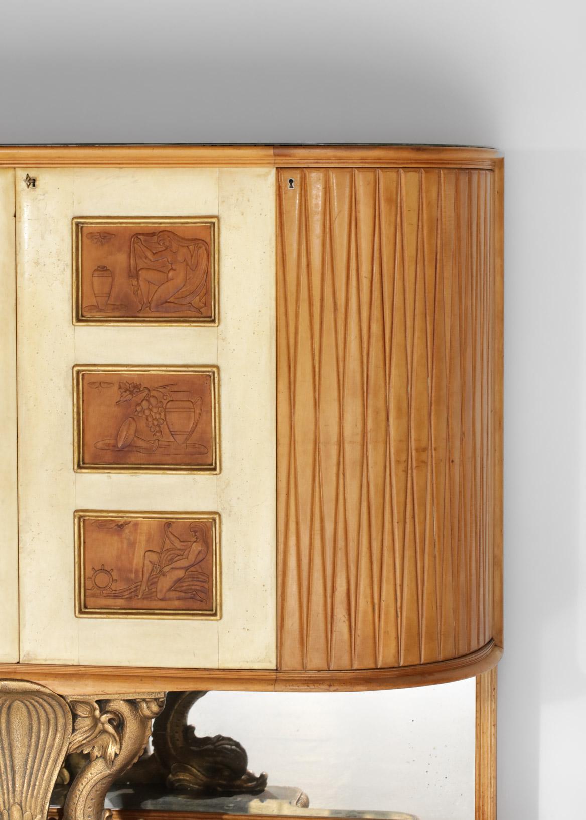 Large Italian Bar Furniture by Osvaldo Borsani in Wood and Parchment 1940, E379 1