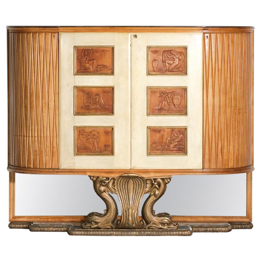 Large Italian Bar Furniture by Osvaldo Borsani in Wood and Parchment 1940, E379
