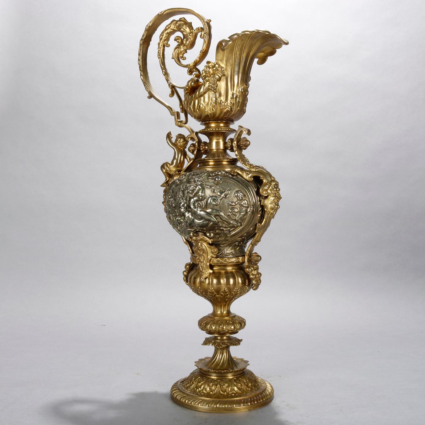 Classical Greek Large Italian Baroque Caduceus Partial Gilt Bronze Ewer Lamp Base, 20th Century