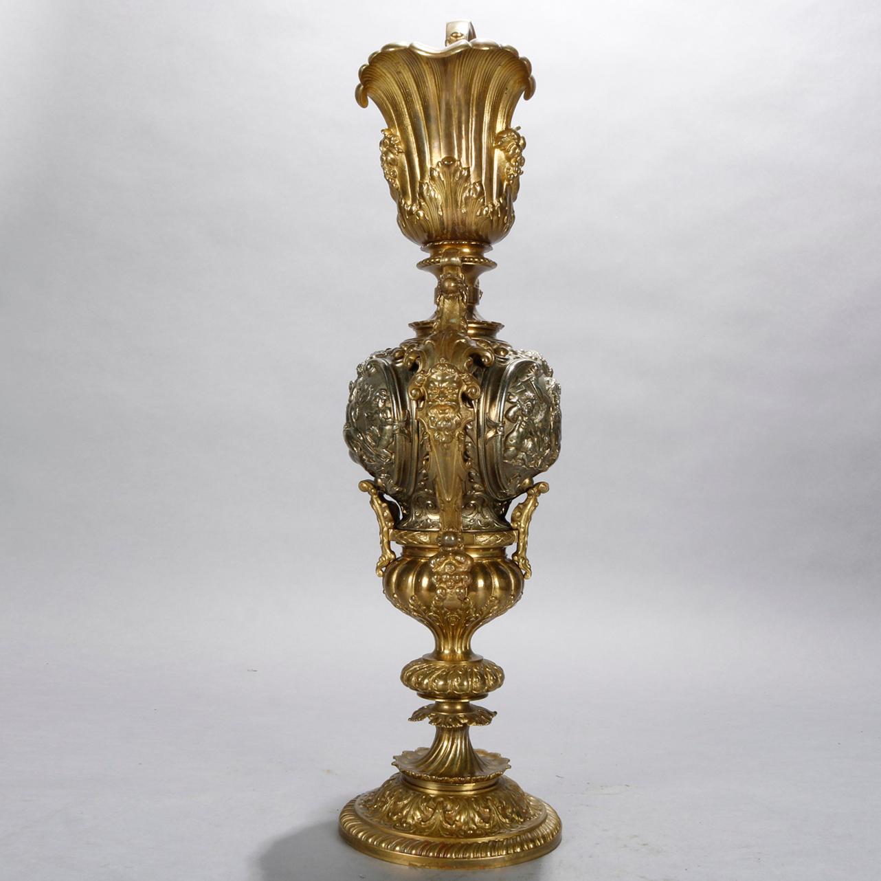 Cast Large Italian Baroque Caduceus Partial Gilt Bronze Ewer Lamp Base, 20th Century