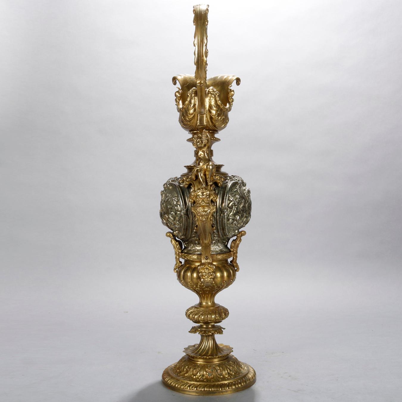 Large Italian Baroque Caduceus Partial Gilt Bronze Ewer Lamp Base, 20th Century In Good Condition In Big Flats, NY