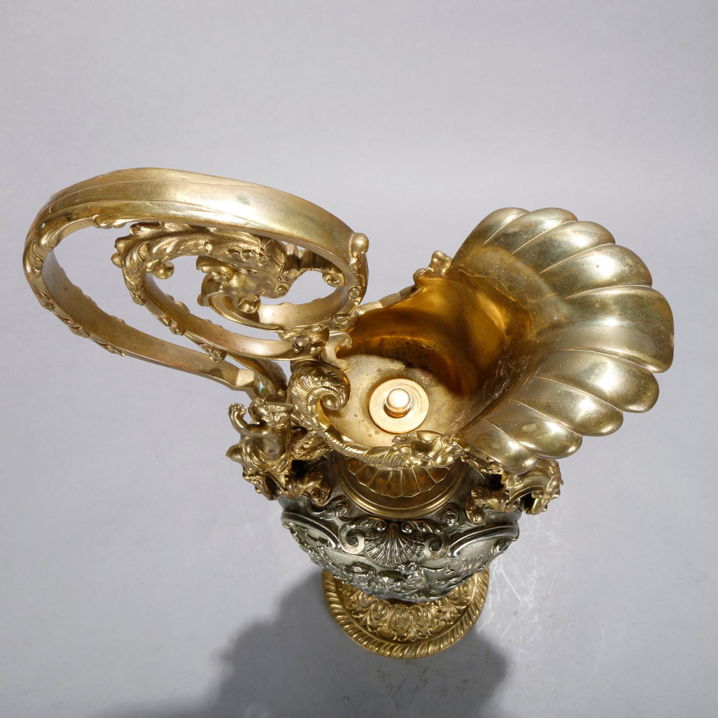 19th Century Large Italian Baroque Caduceus Partial Gilt Bronze Ewer Lamp Base, 20th Century