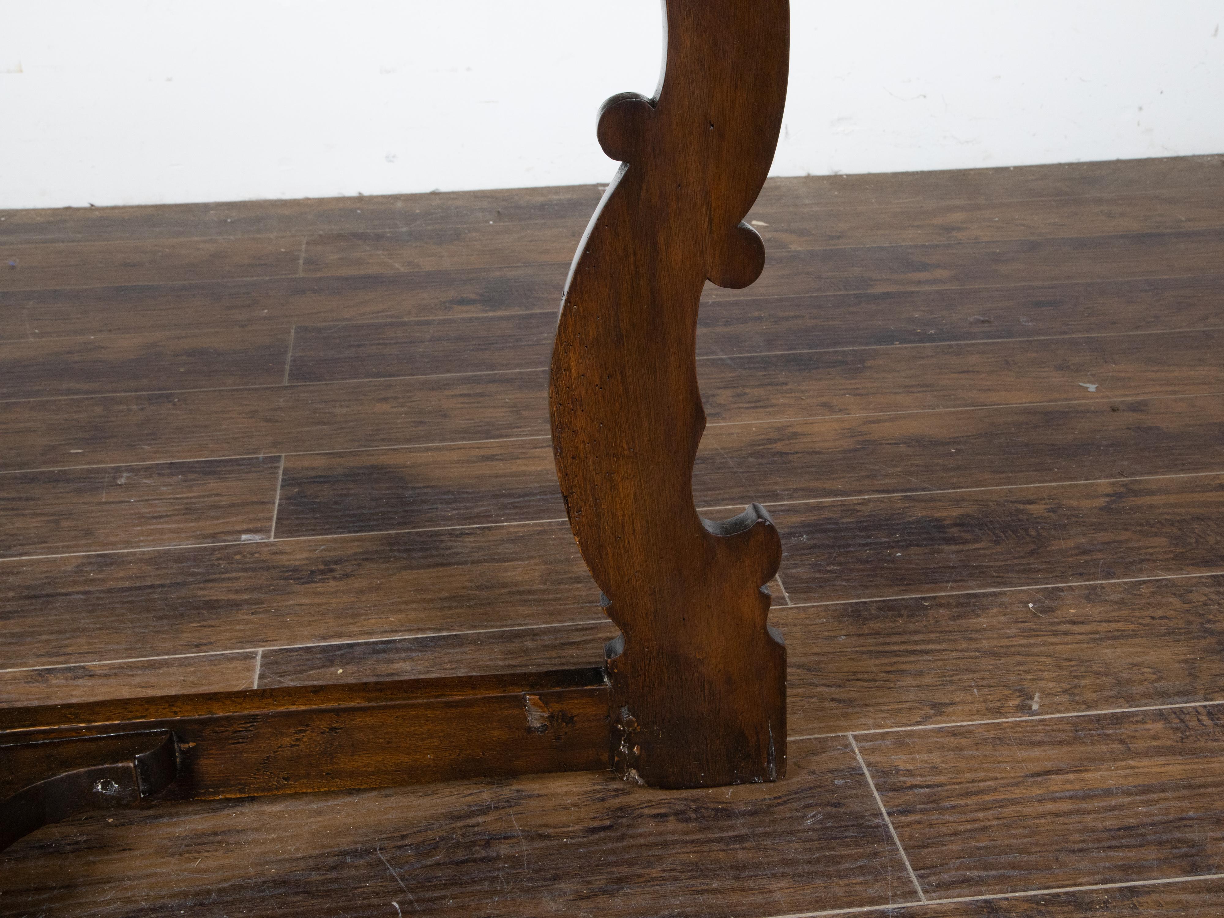 Large Italian Baroque Style 18th Century Walnut Demilune Table with Carved Legs For Sale 8