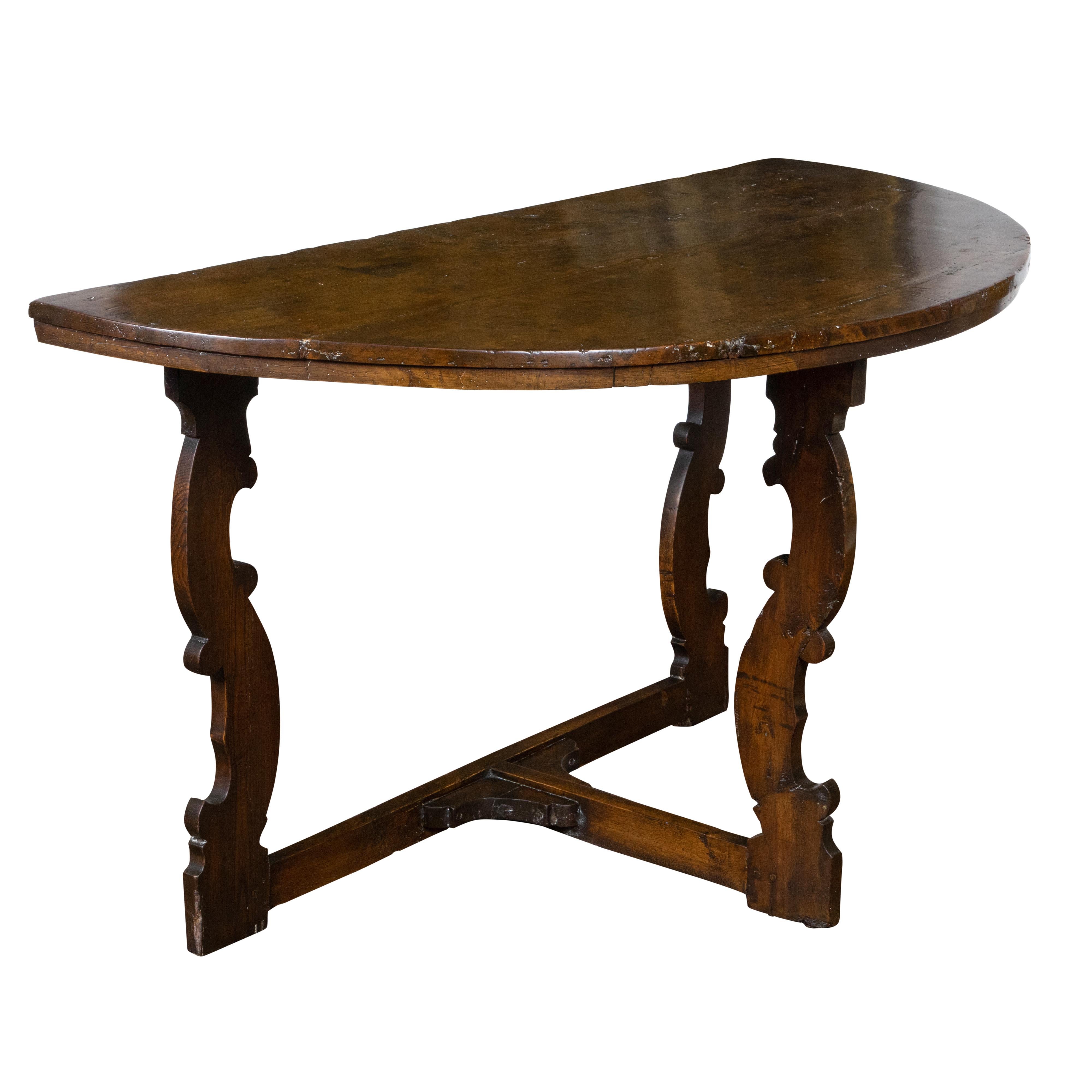 18th Century and Earlier Large Italian Baroque Style 18th Century Walnut Demilune Table with Carved Legs For Sale