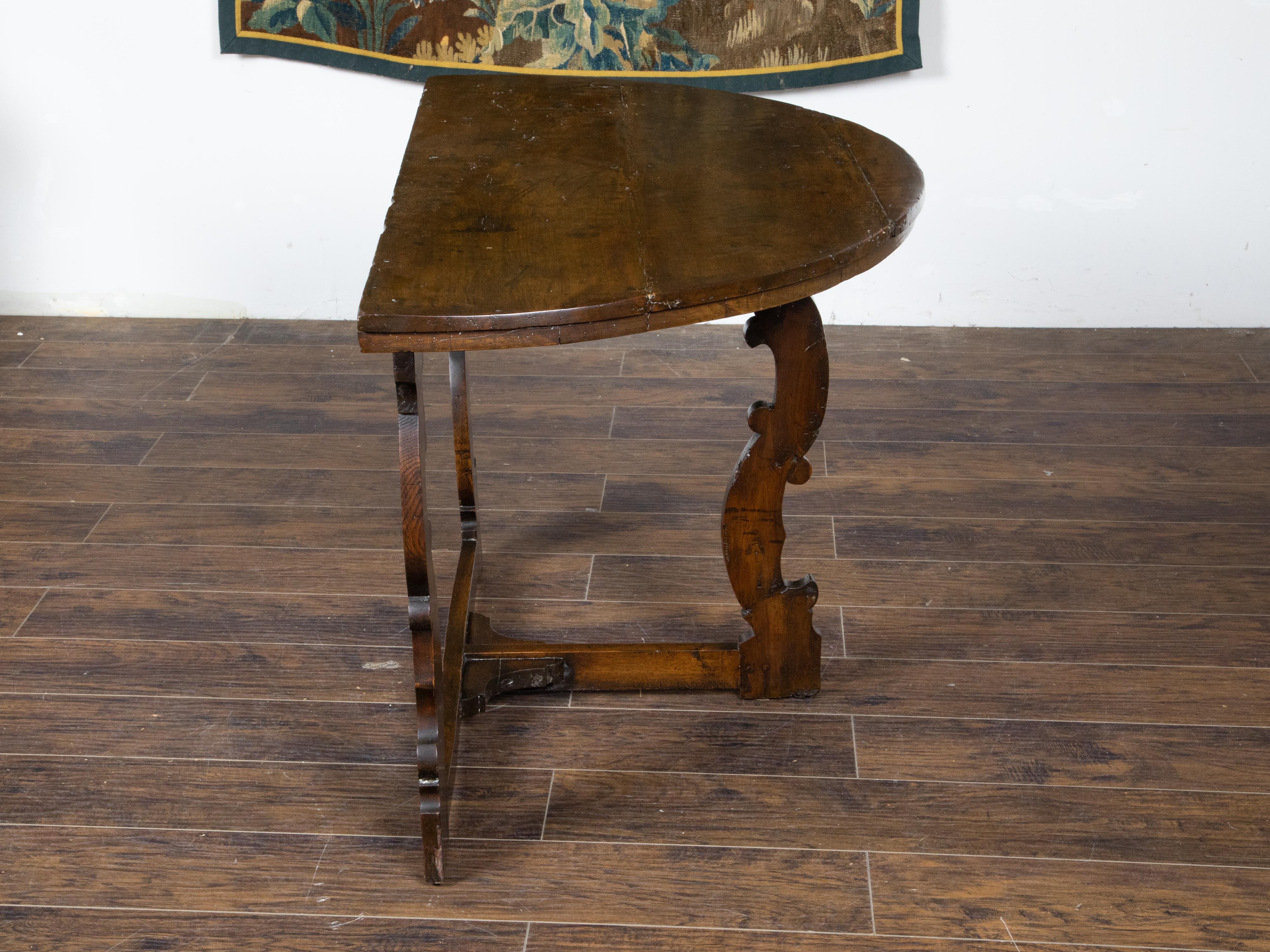 Large Italian Baroque Style 18th Century Walnut Demilune Table with Carved Legs For Sale 2