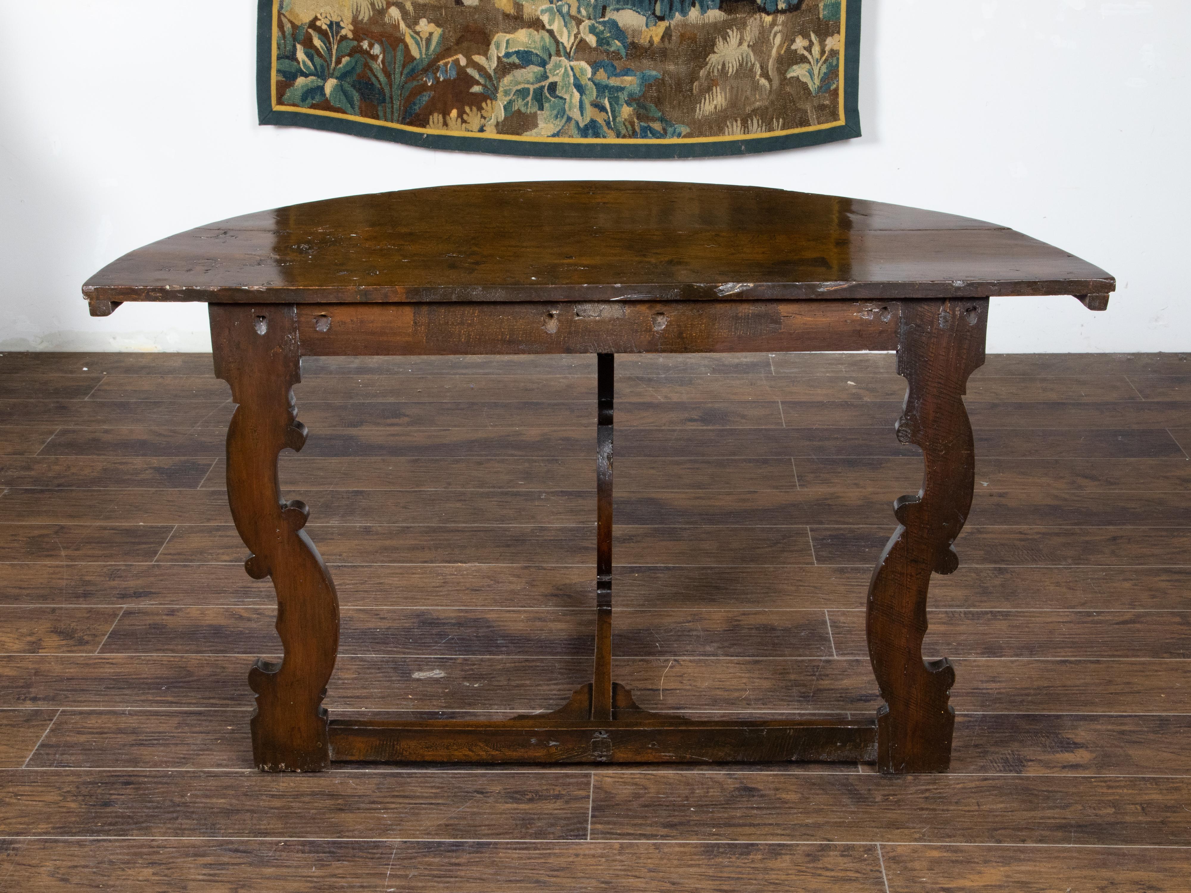 Large Italian Baroque Style 18th Century Walnut Demilune Table with Carved Legs For Sale 3