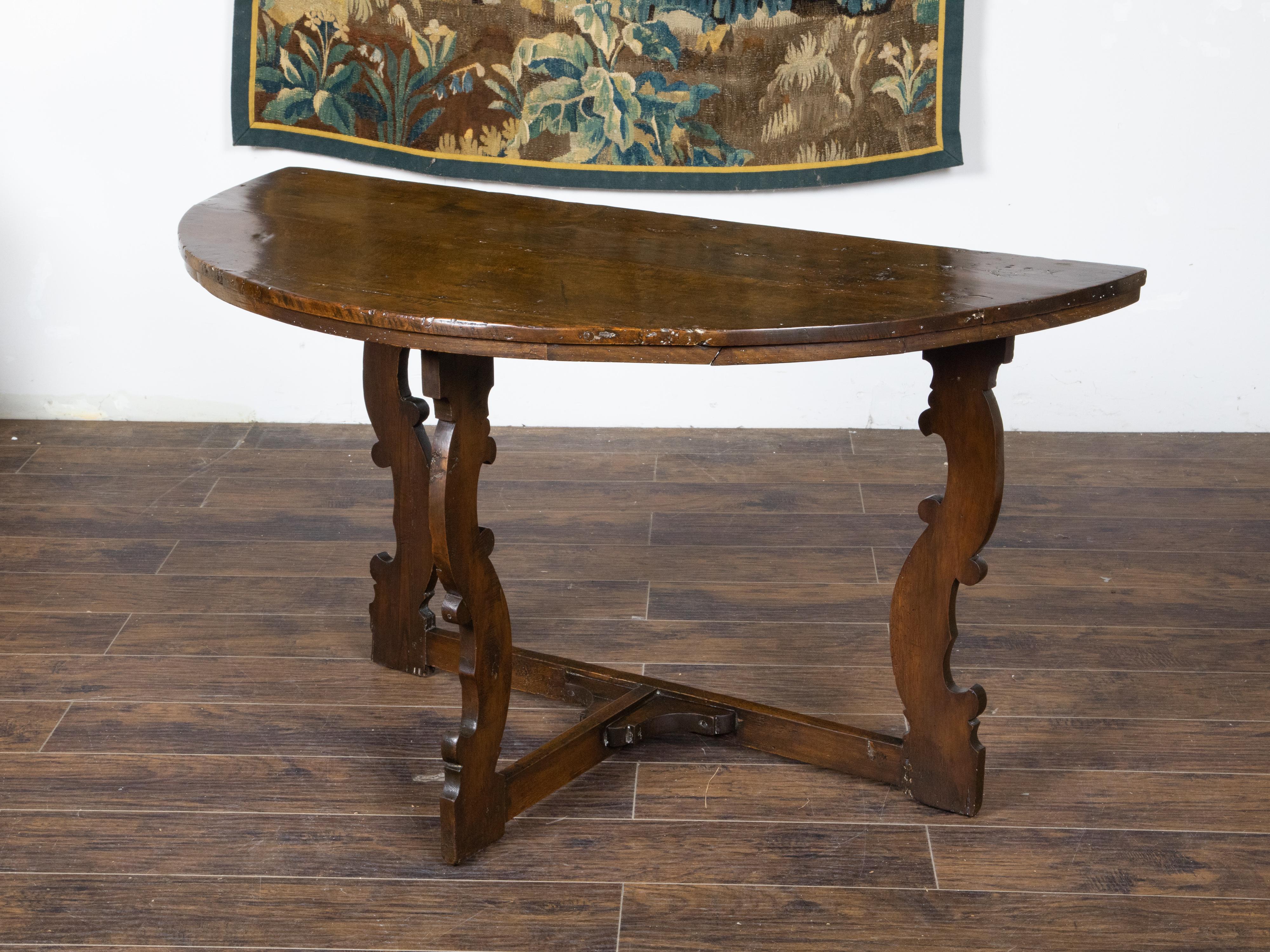 Large Italian Baroque Style 18th Century Walnut Demilune Table with Carved Legs For Sale 5