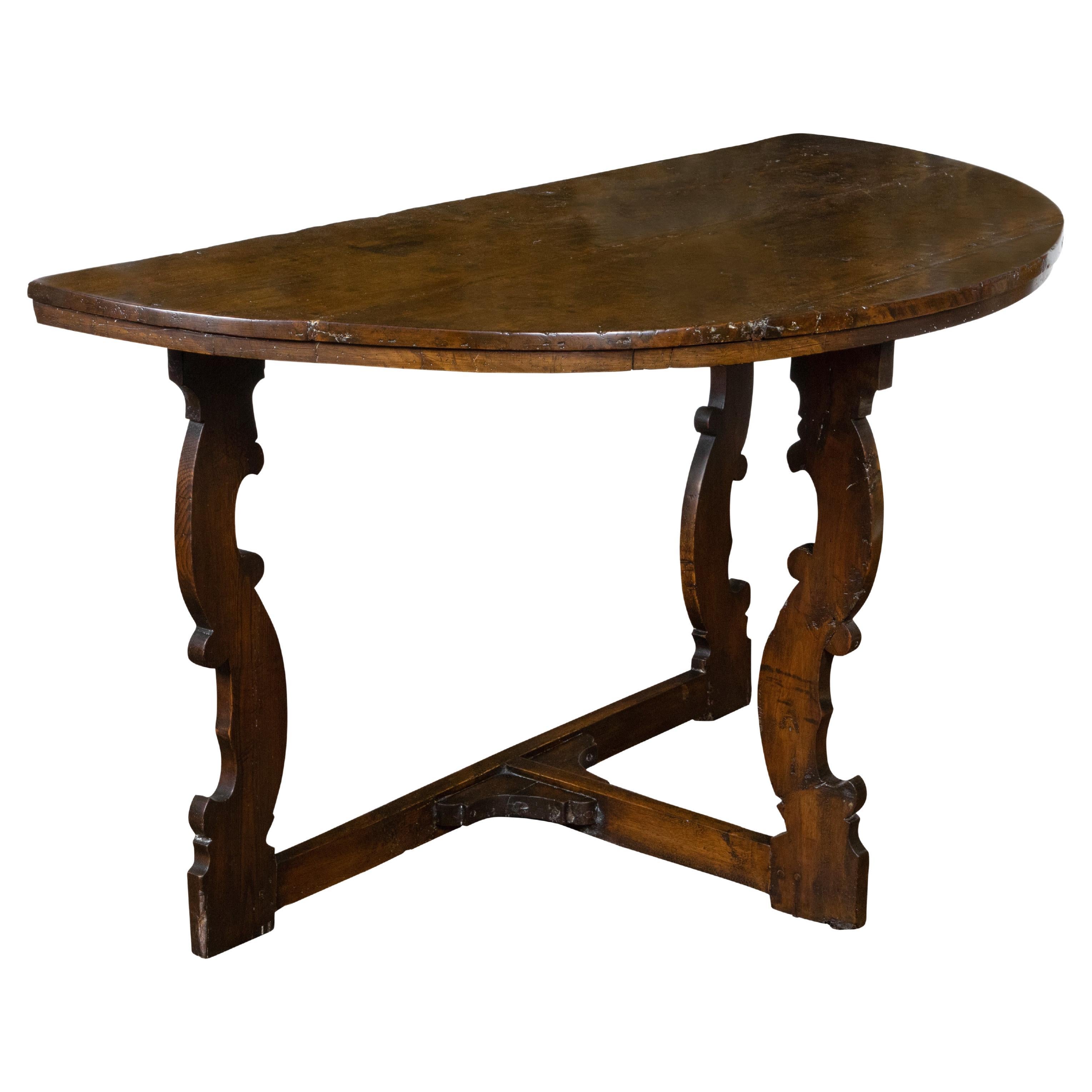 Large Italian Baroque Style 18th Century Walnut Demilune Table with Carved Legs For Sale