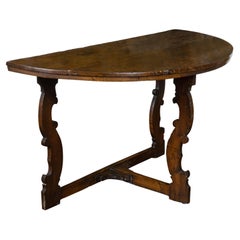 Antique Large Italian Baroque Style 18th Century Walnut Demilune Table with Carved Legs