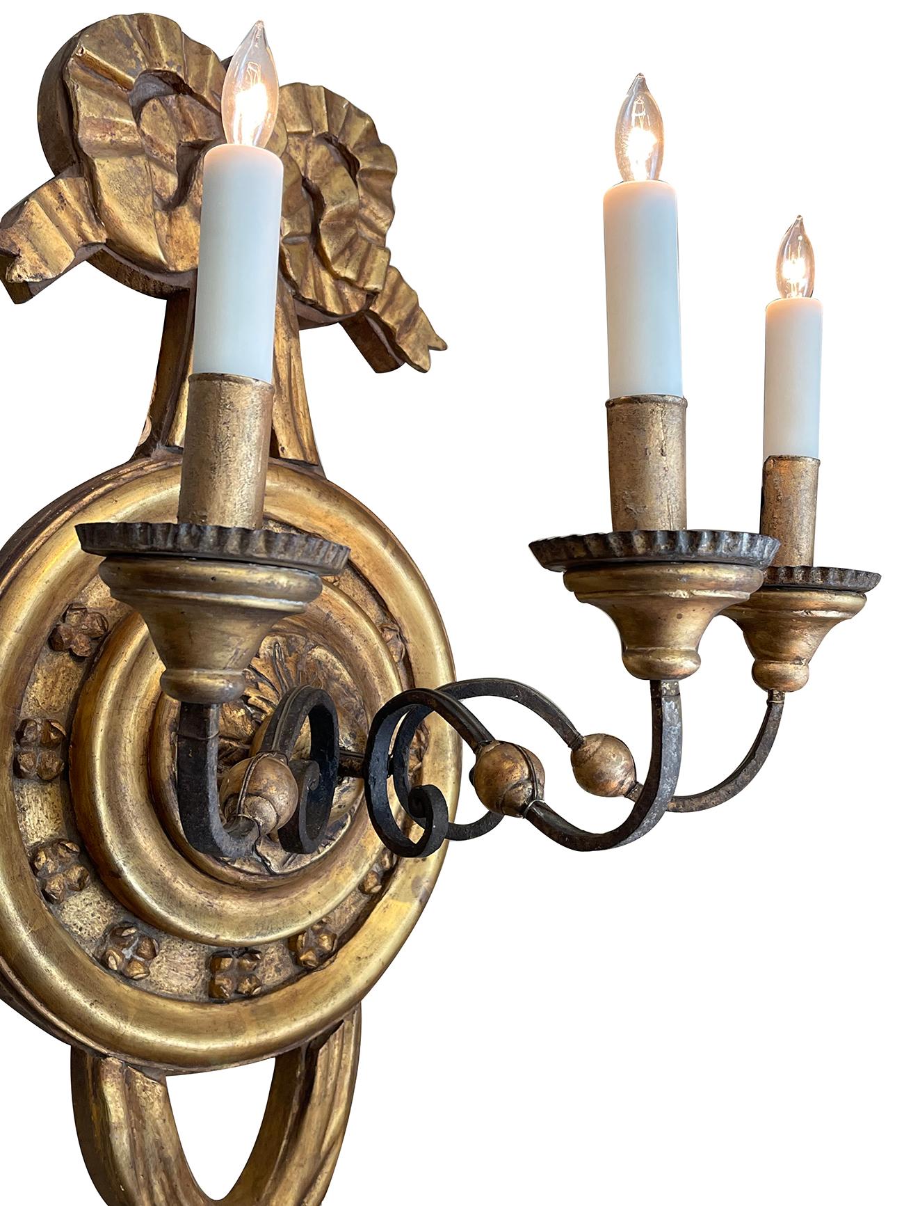 Large Italian Baroque Style 3-Arm Giltwood and Iron Wall Sconce-Now Electrified For Sale 2