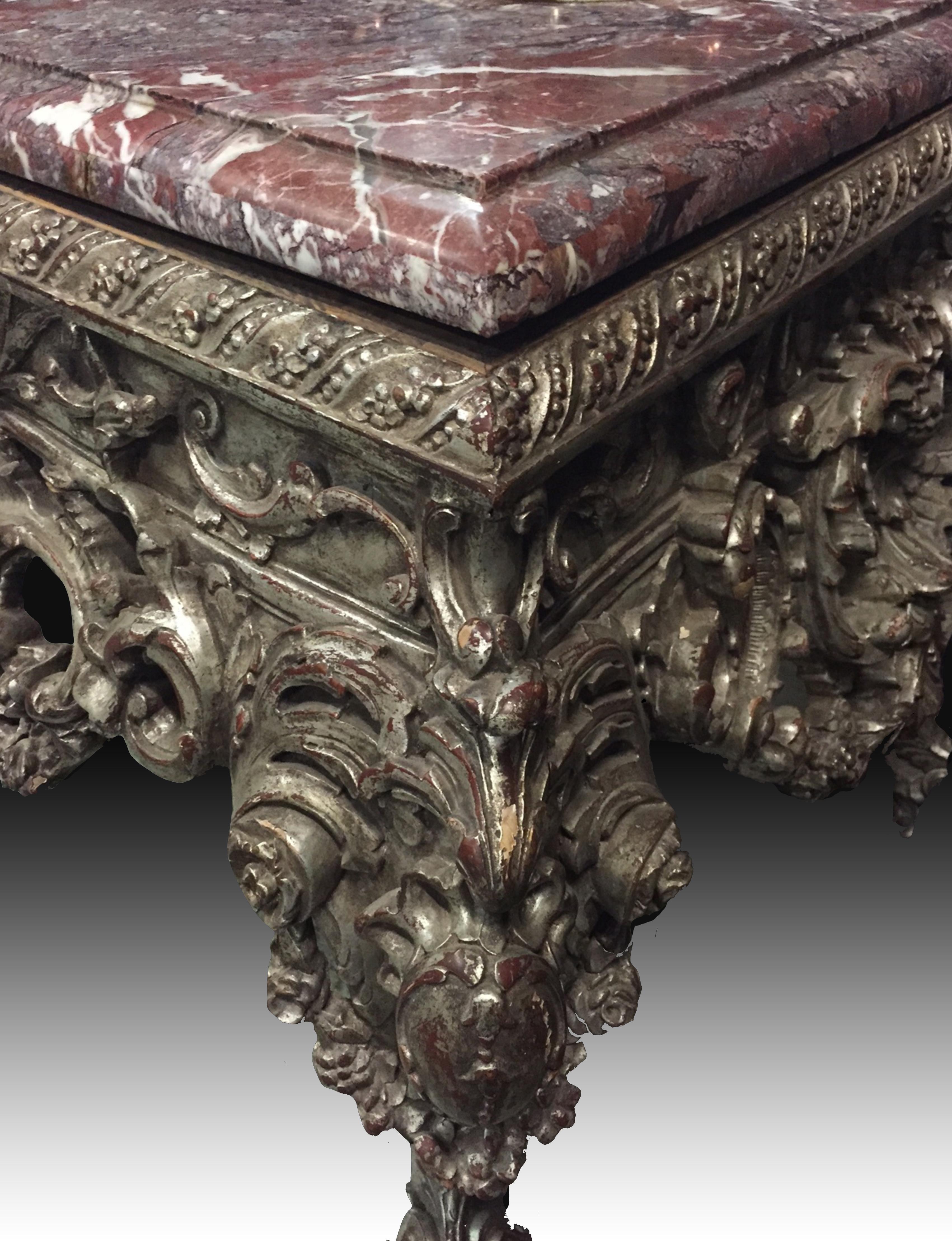Large Italian Baroque Style Carved Silvered Wood Console For Sale 7