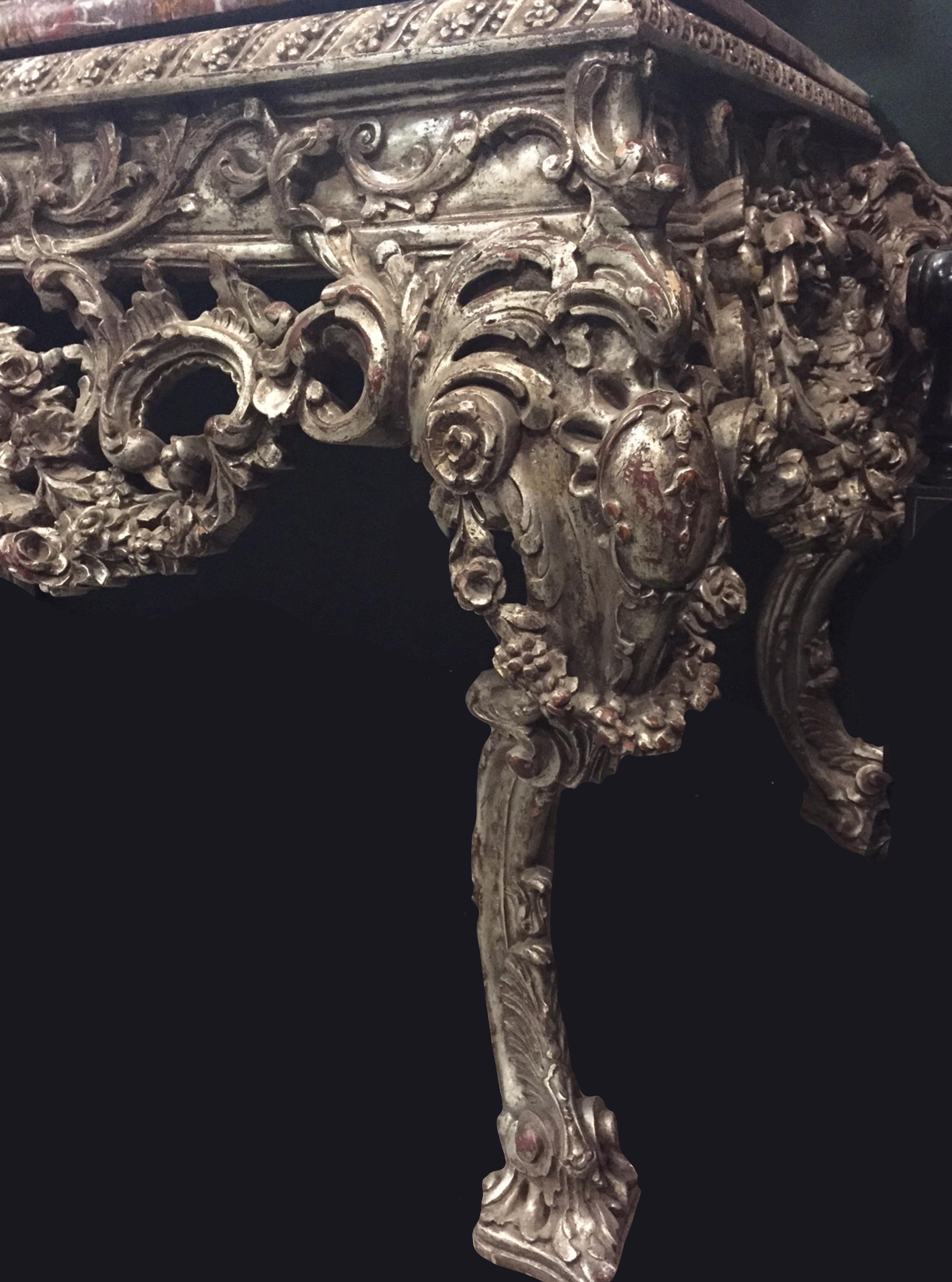 20th Century Large Italian Baroque Style Carved Silvered Wood Console For Sale