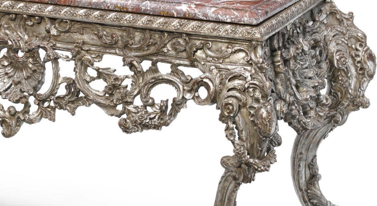 Large Italian Baroque Style Carved Silvered Wood Console For Sale 8