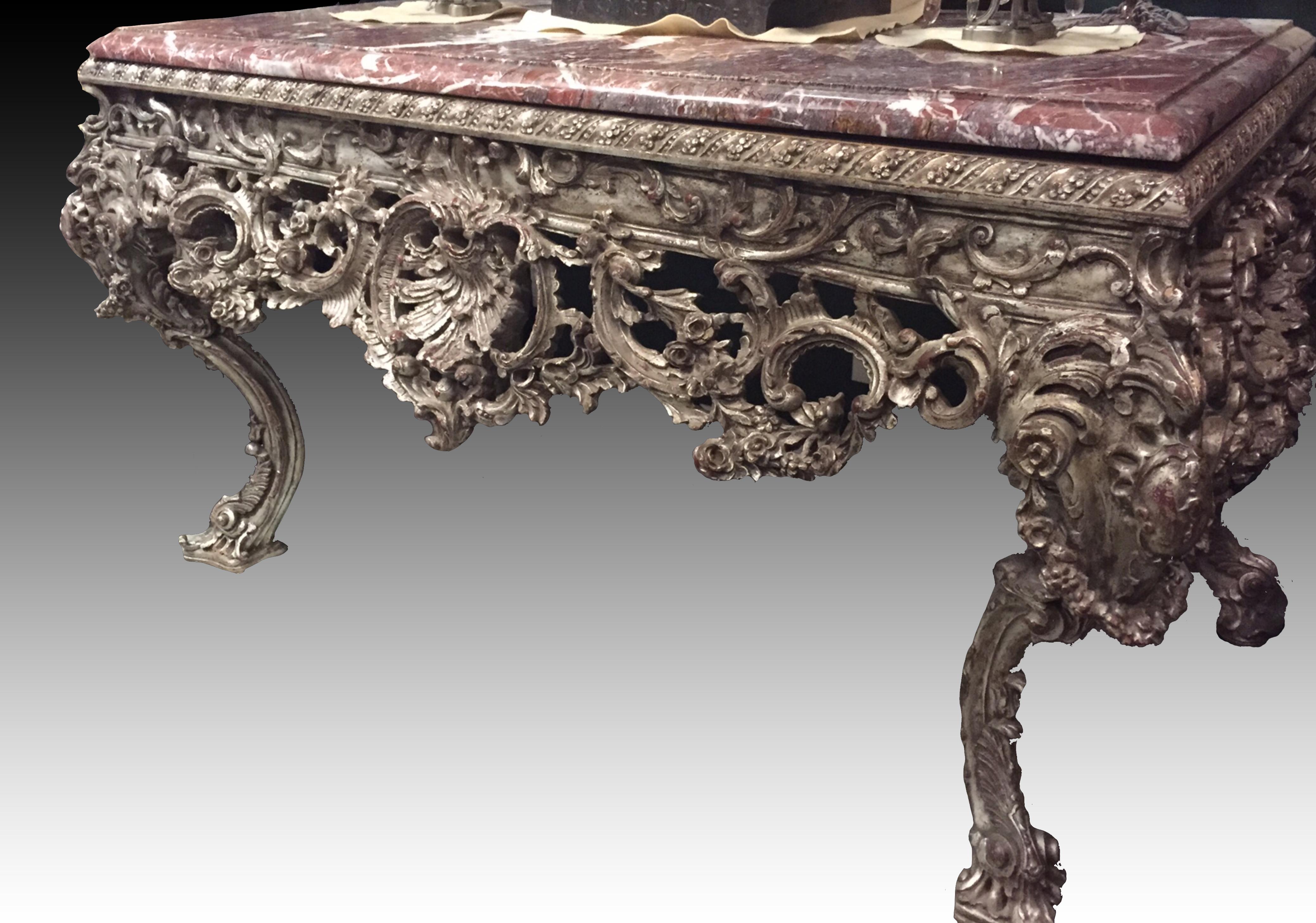 French Large Italian Baroque Style Carved Silvered Wood Console For Sale