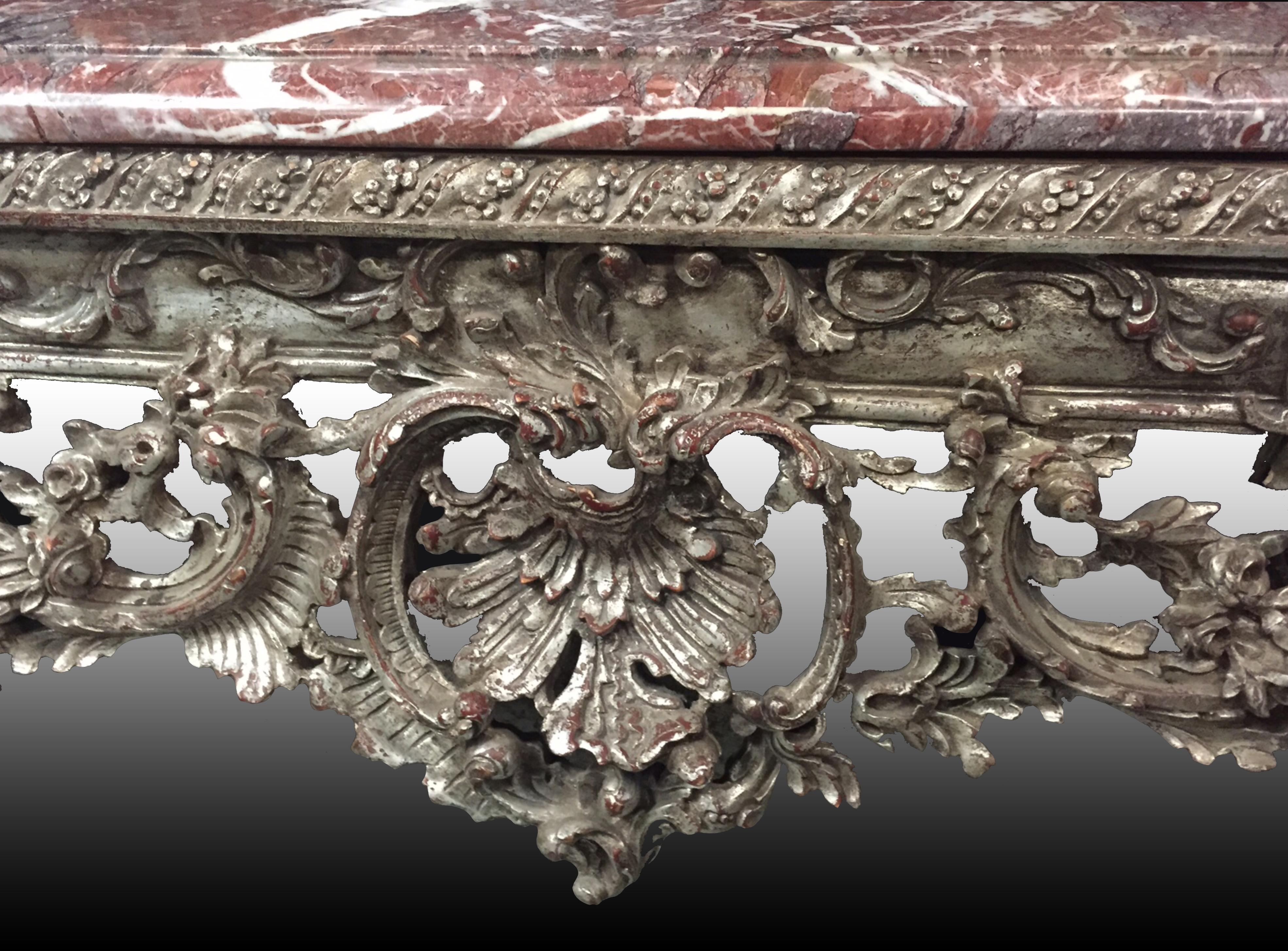 Large Italian Baroque Style Carved Silvered Wood Console For Sale 1