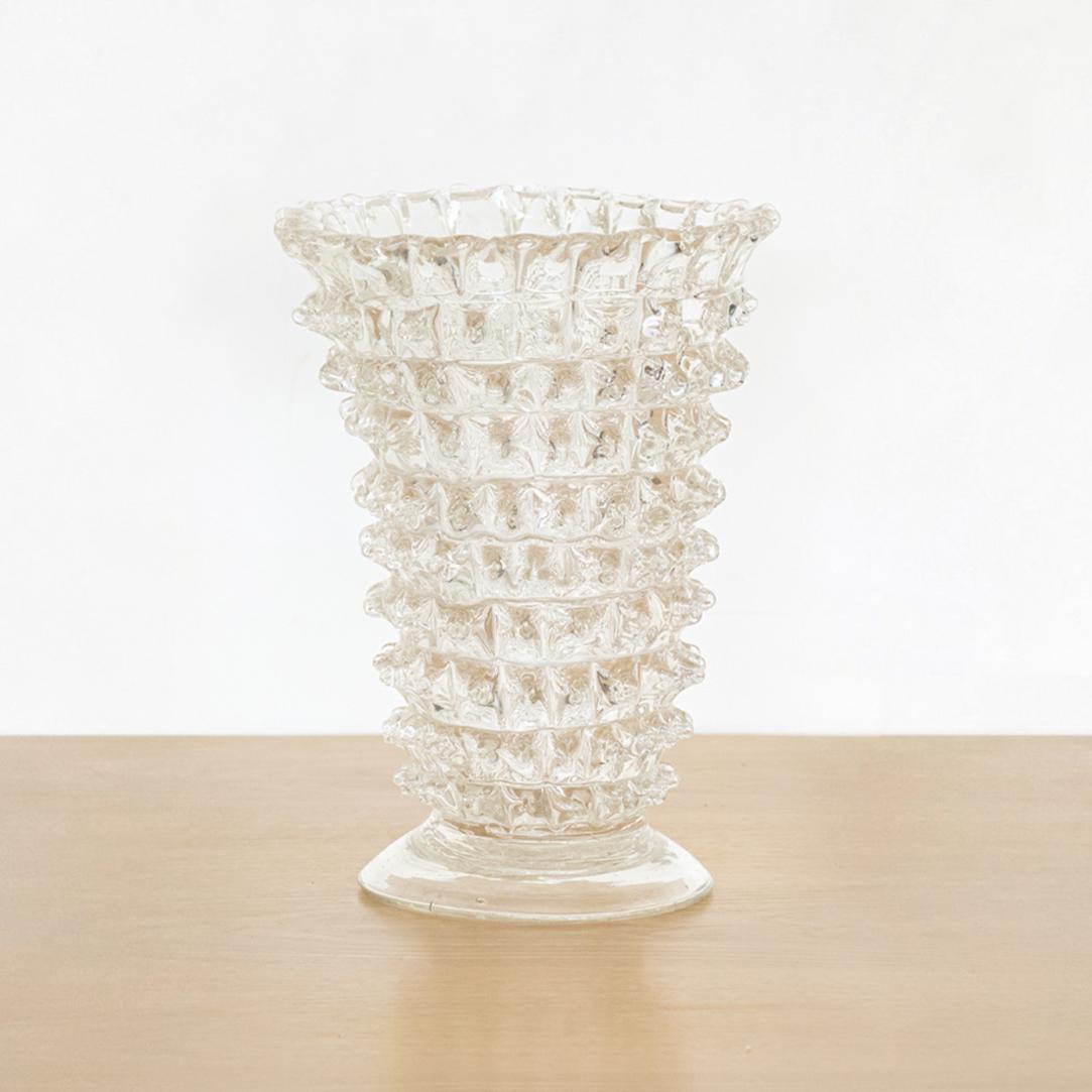 Beautiful 1940's blown glass vase by Barovier from Italy. Large scale clear glass with thick glass spikes all over. Stunning statement piece in perfect condition.