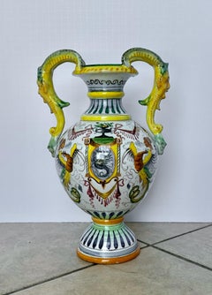 Italian Majolica Hand Painted Ceramic Pottery Face Handles Vase