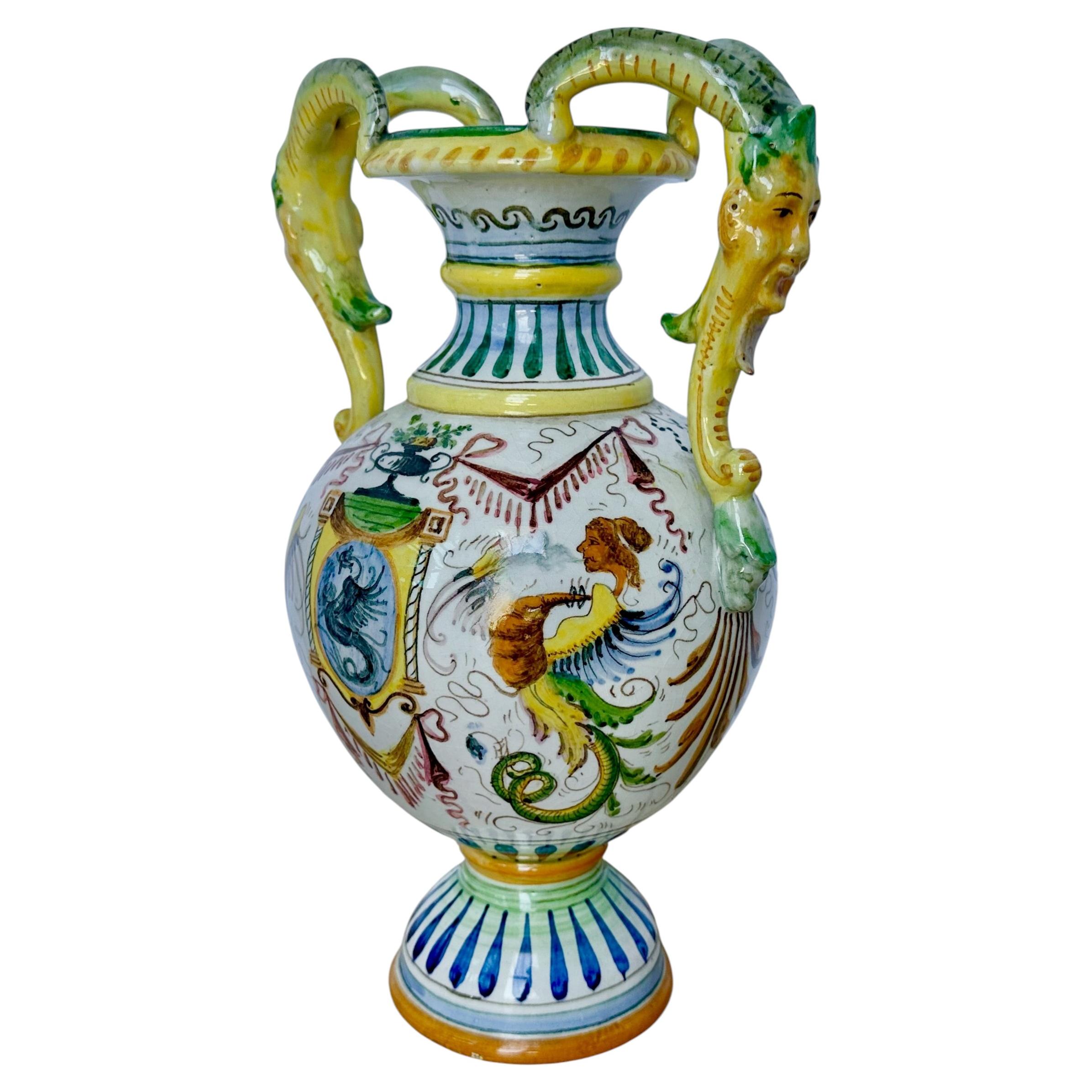 Italian Majolica Hand Painted Ceramic Pottery Face Handles Vase