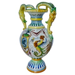 Italian Majolica Hand Painted Ceramic Pottery Face Handles Vase