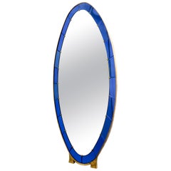 Grand miroir d'art italien sur pied en cristal bleu