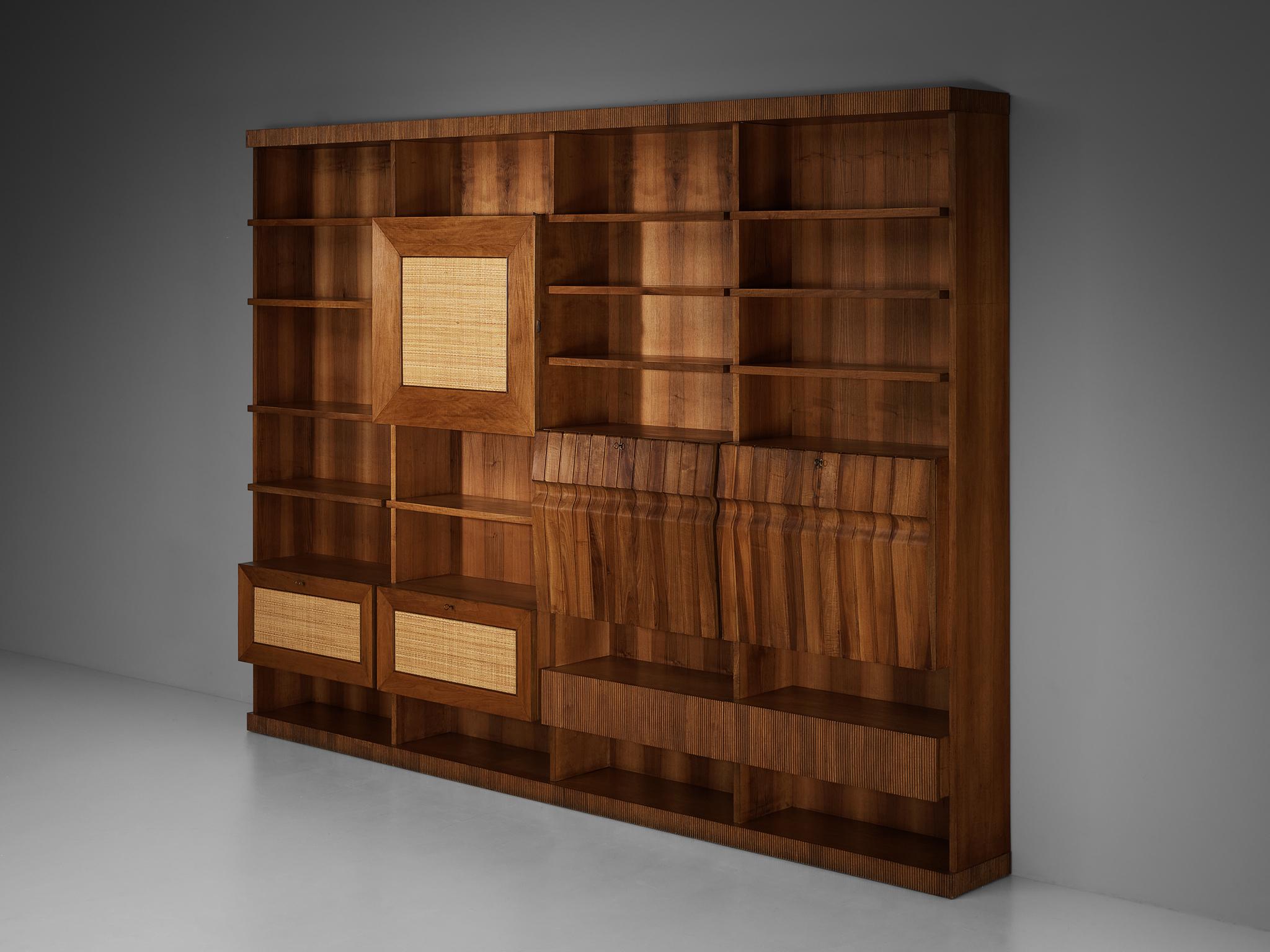 Large Italian Bookcase in Walnut, Cherry, and Grasscloth For Sale 7