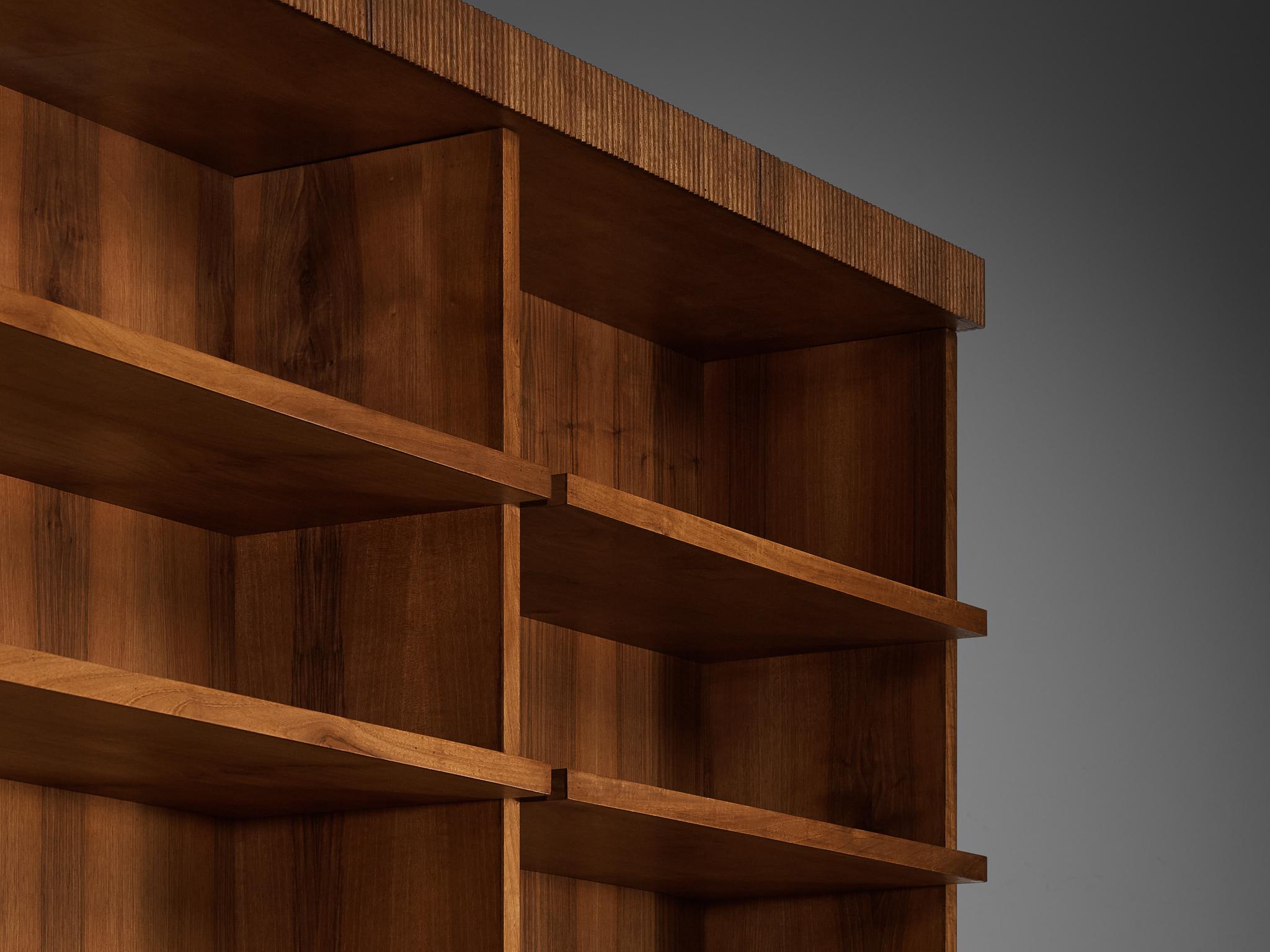Large Italian Bookcase in Walnut, Cherry, and Grasscloth For Sale 11