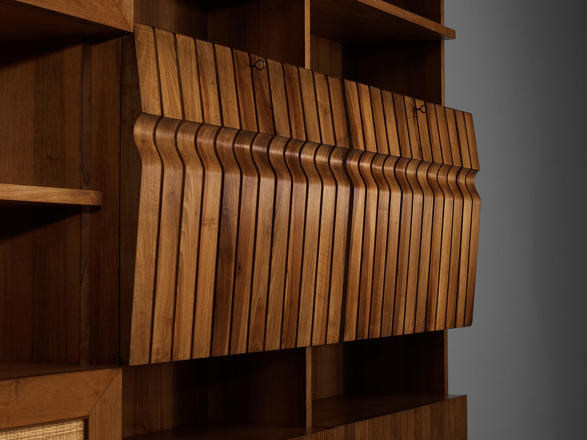 Mid-Century Modern Large Italian Bookcase in Walnut, Cherry, and Grasscloth For Sale