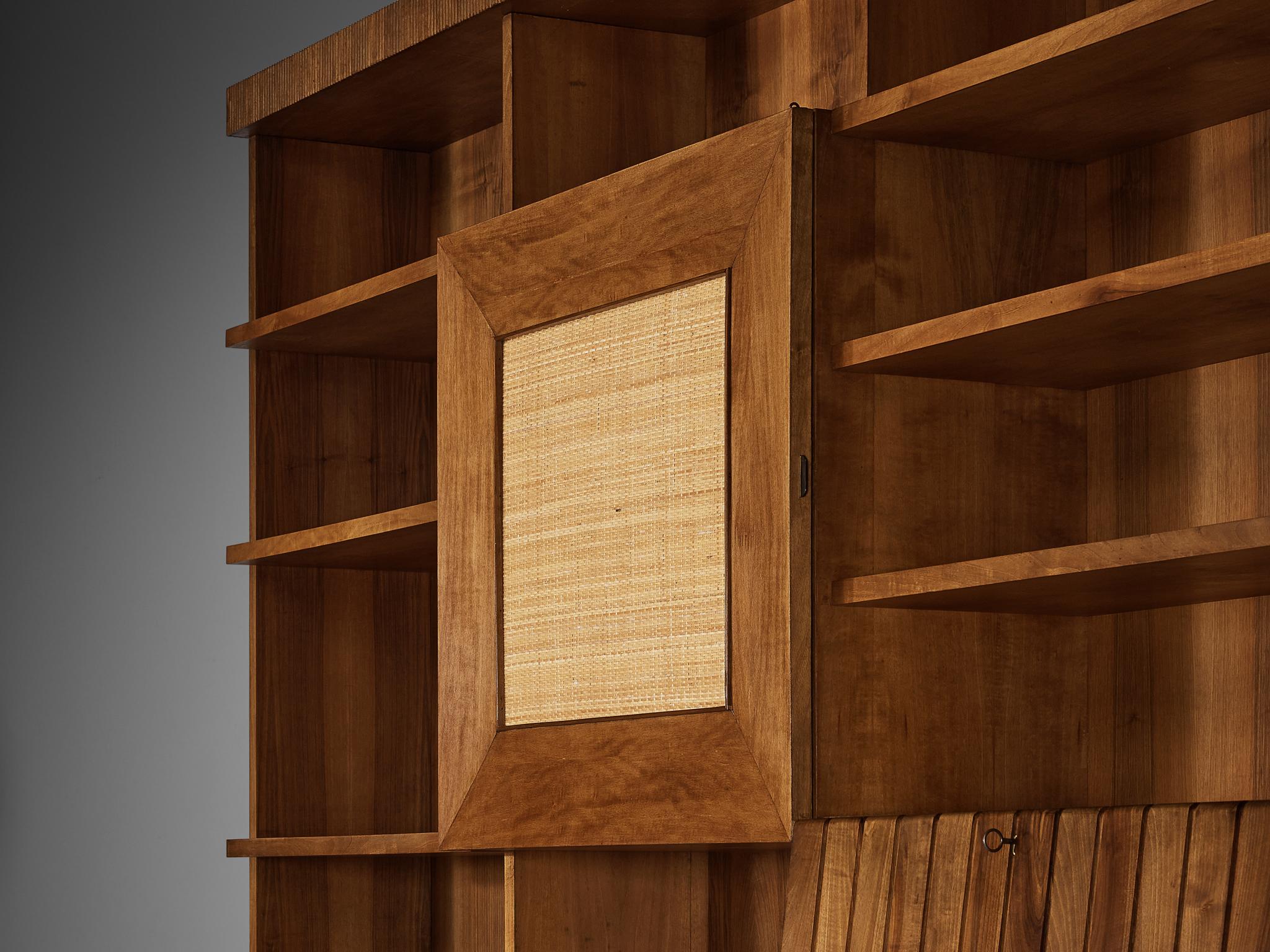 Mid-20th Century Large Italian Bookcase in Walnut, Cherry, and Grasscloth For Sale