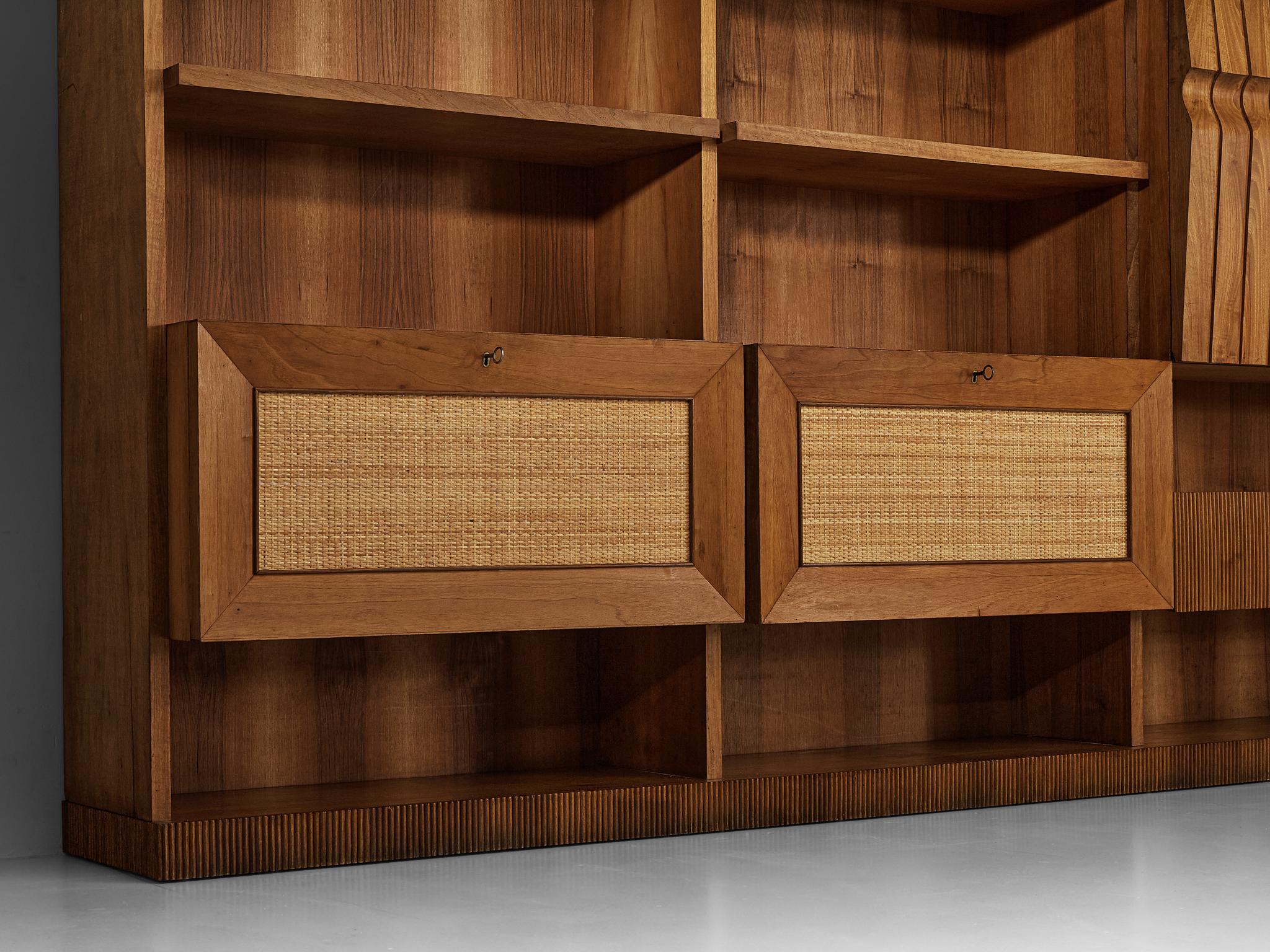 Large Italian Bookcase in Walnut, Cherry, and Grasscloth For Sale 1