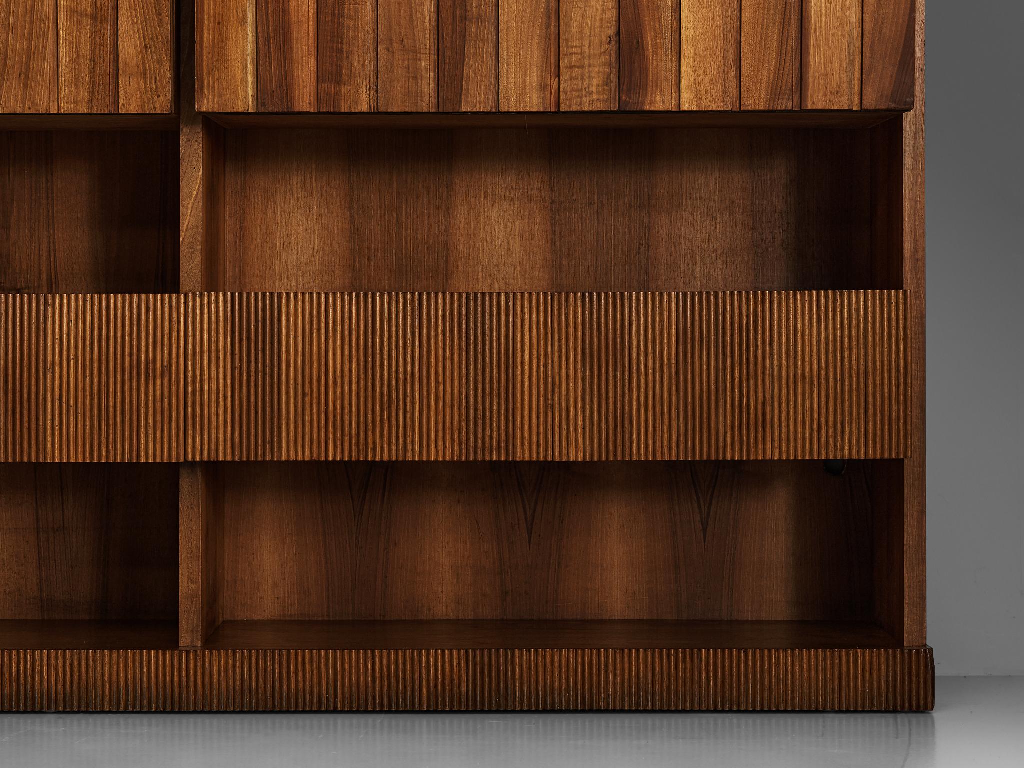 Large Italian Bookcase in Walnut, Cherry, and Grasscloth For Sale 2