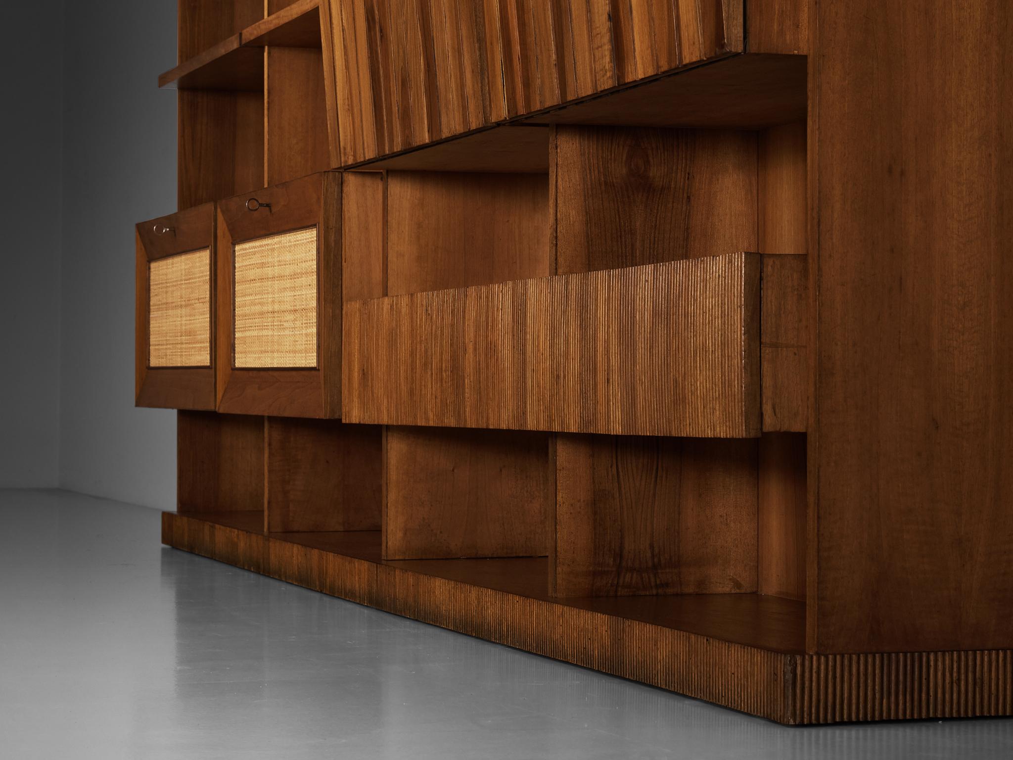 Large Italian Bookcase in Walnut, Cherry, and Grasscloth For Sale 4