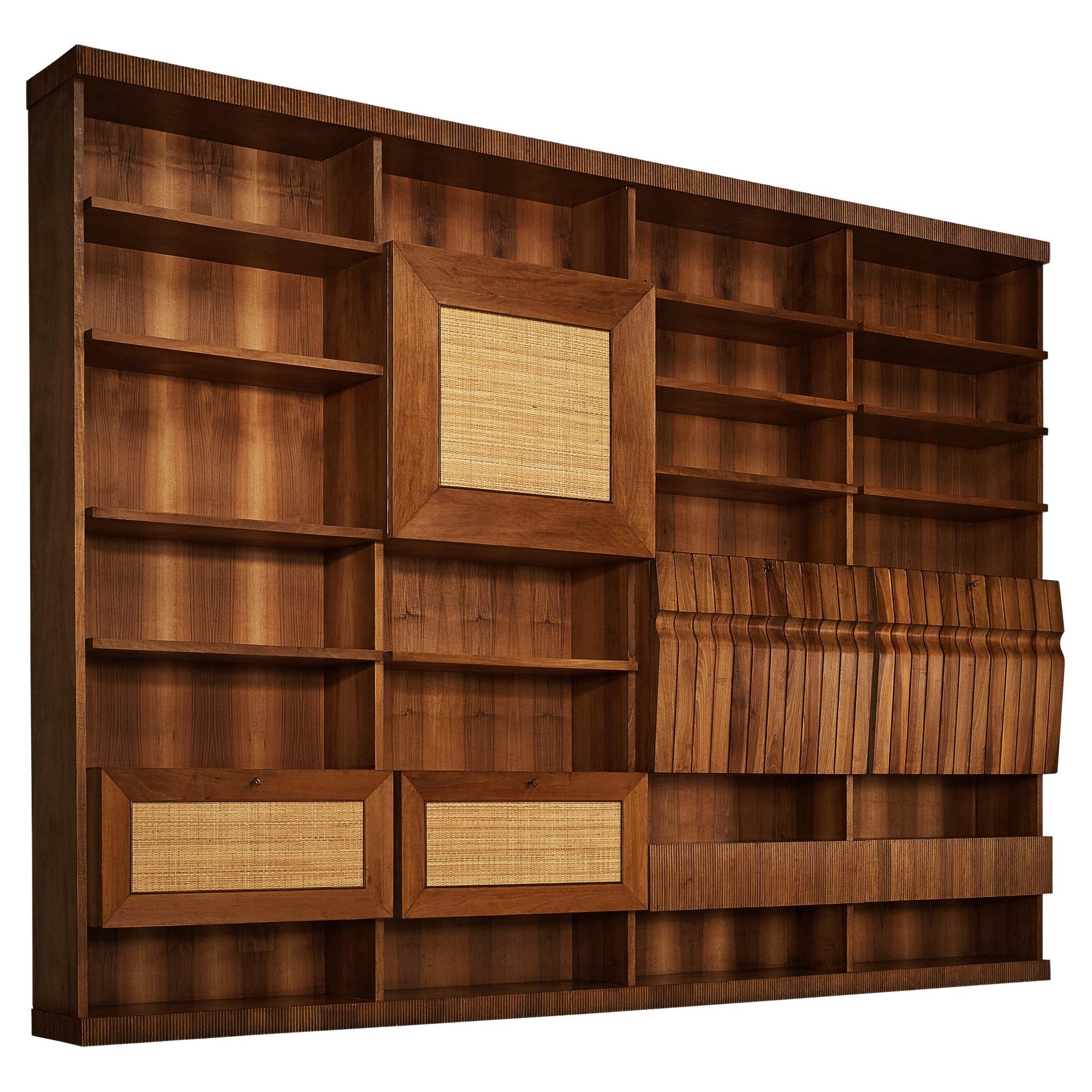 Large Italian Bookcase in Walnut, Cherry, and Grasscloth For Sale