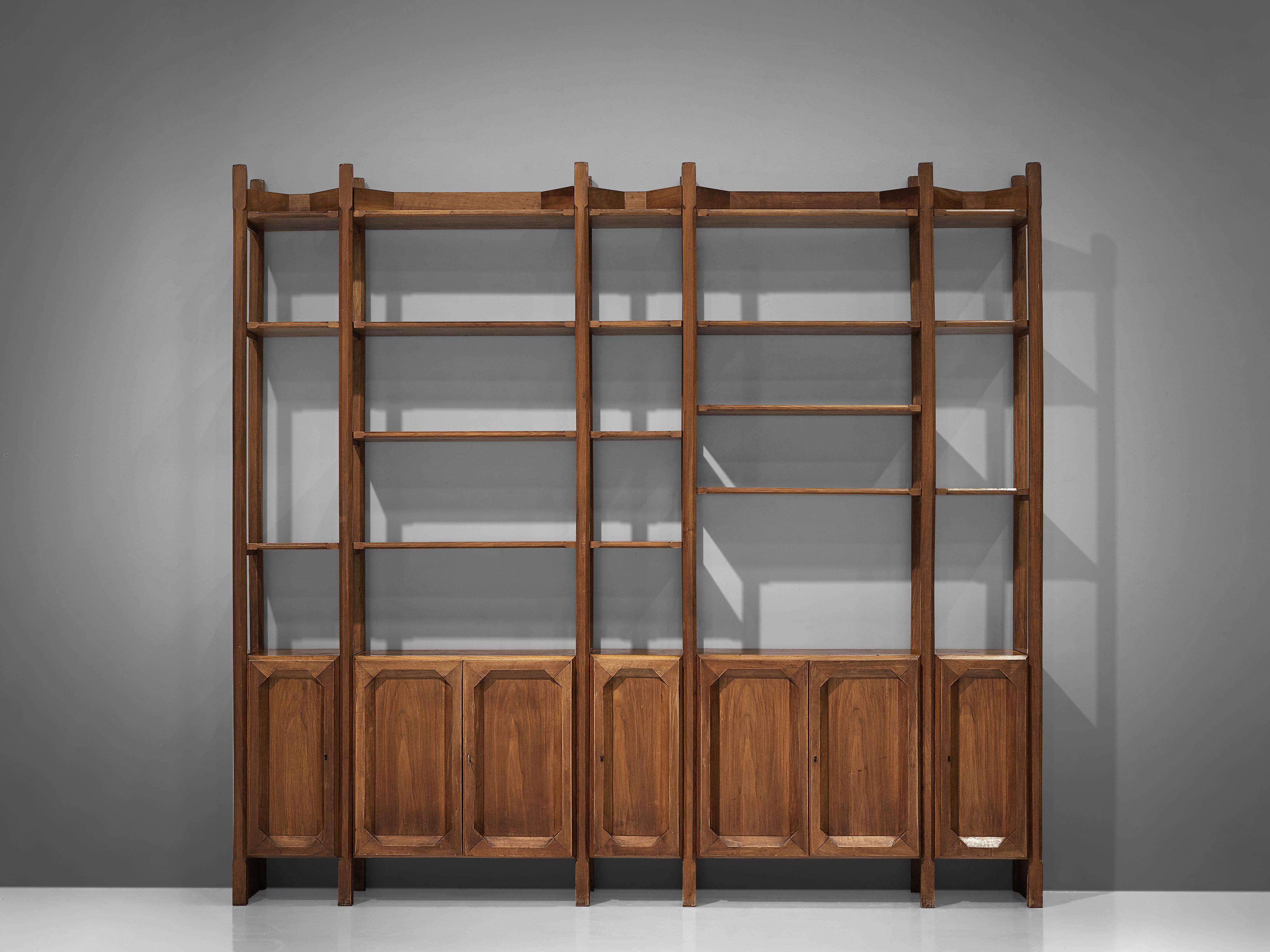 Mid-Century Modern Large Italian Bookcase with Cabinets and Carved Details in Walnut