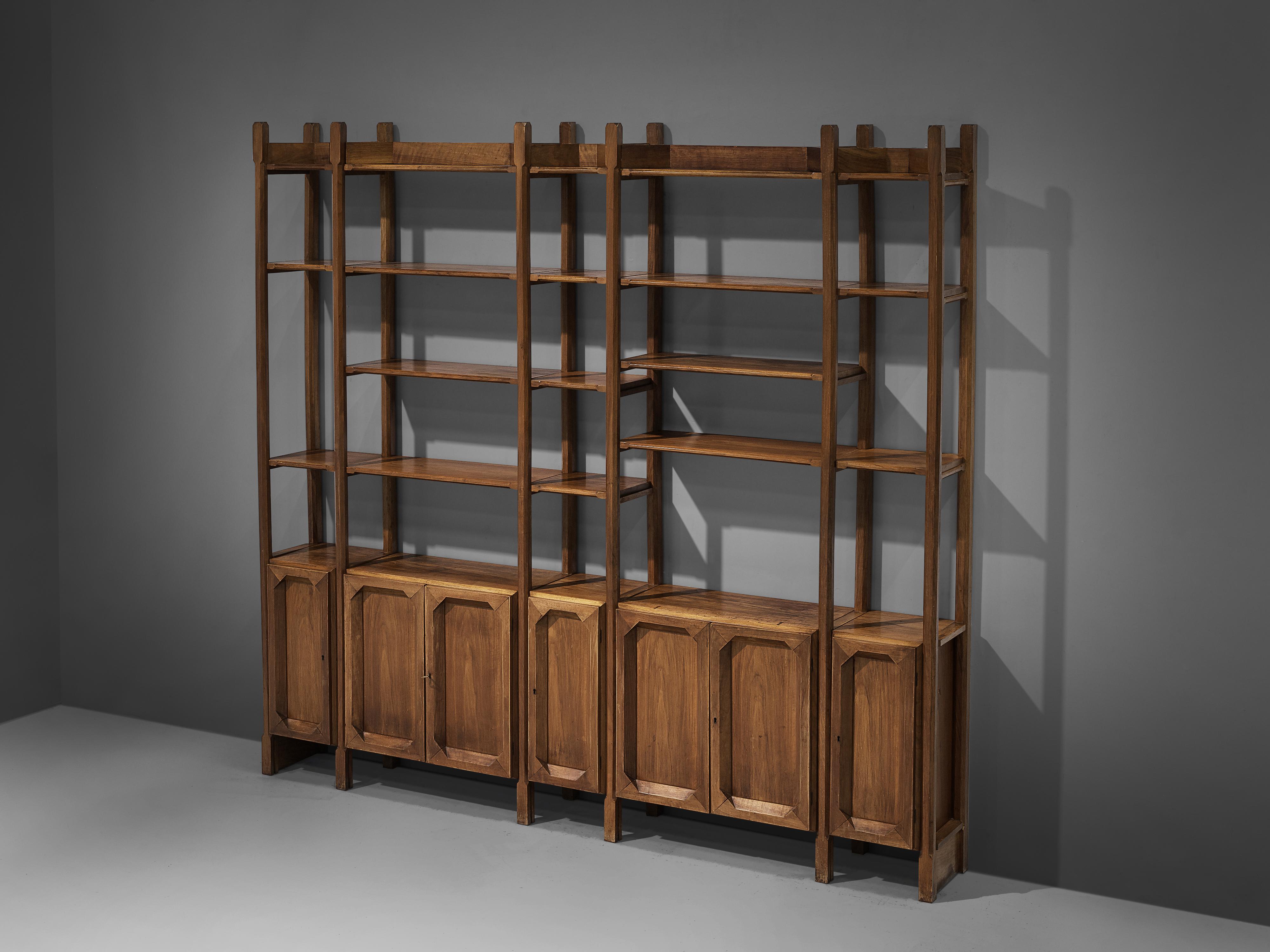 Brass Large Italian Bookcase with Cabinets and Carved Details in Walnut