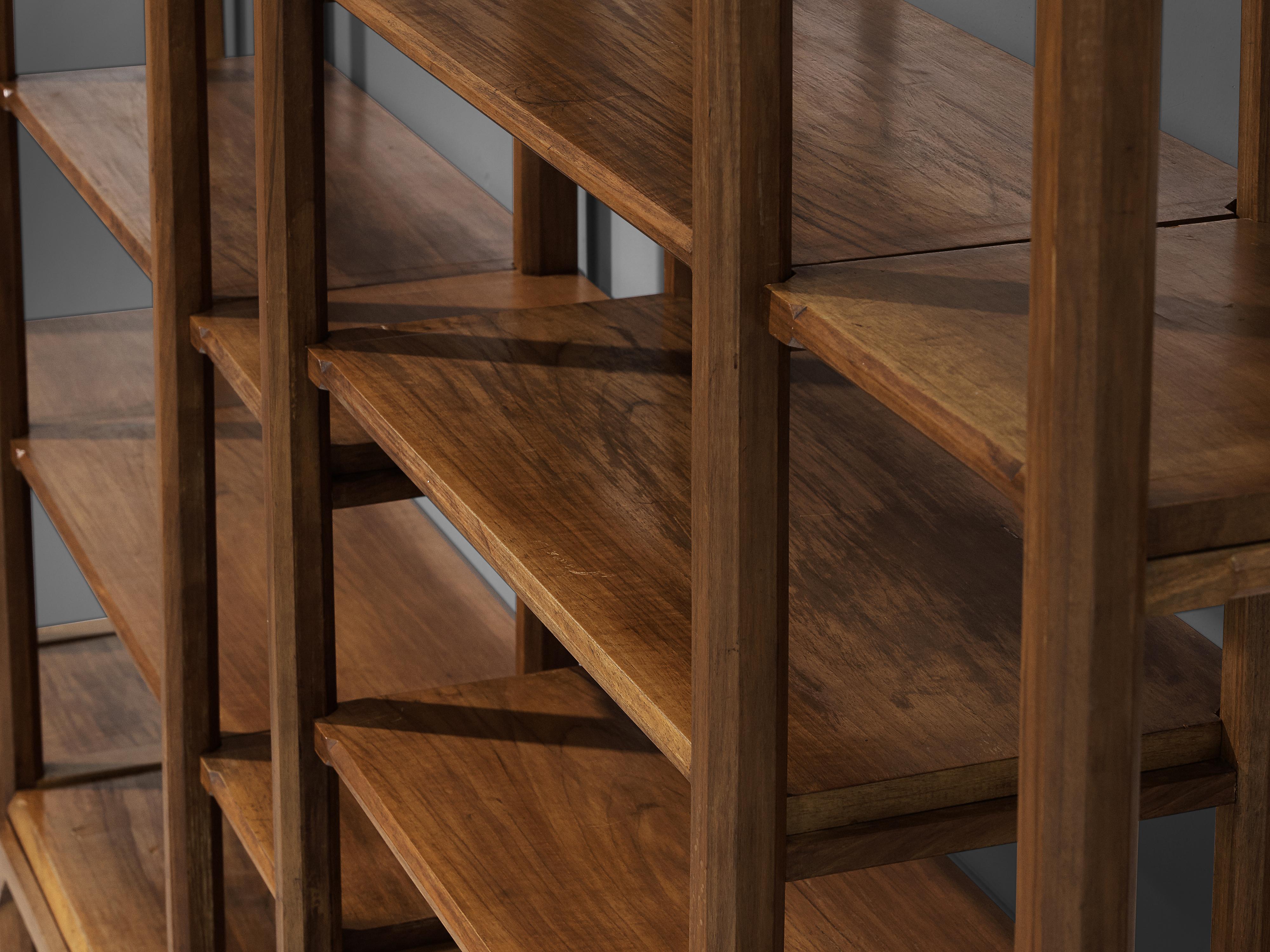 Large Italian Bookcase with Cabinets and Carved Details in Walnut 1