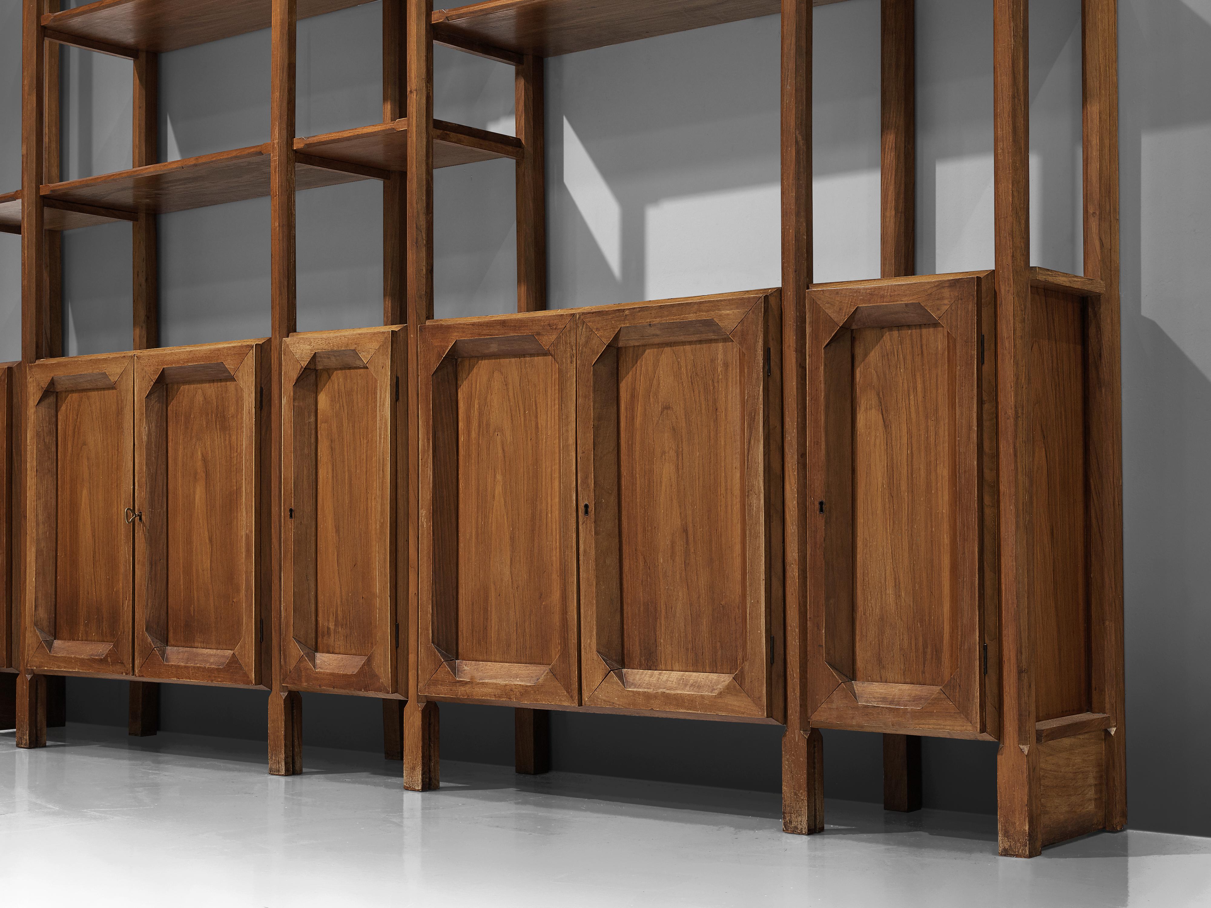Large Italian Bookcase with Cabinets and Carved Details in Walnut 1