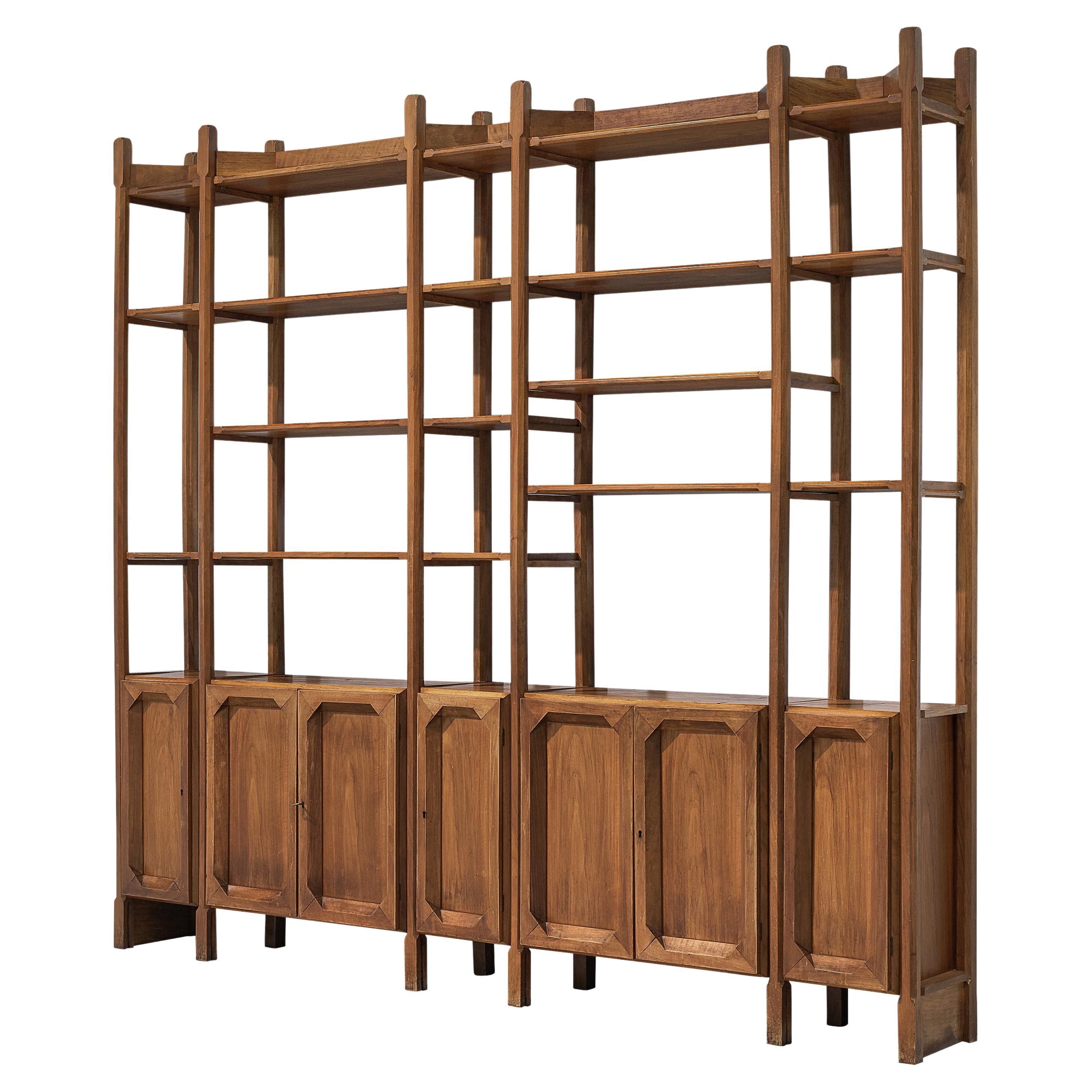 Large Italian Bookcase with Cabinets and Carved Details in Walnut