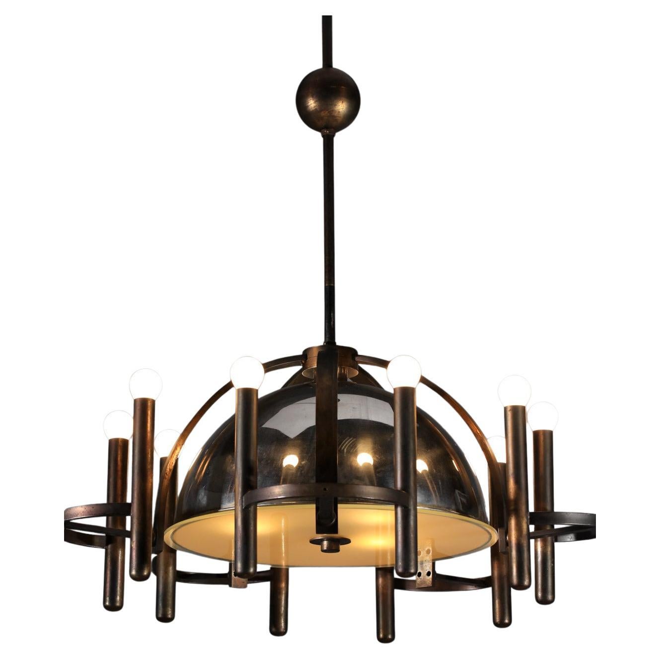 Large Italian brass and chrome metal chandelier from the 1950s