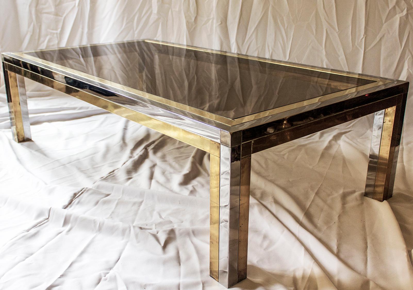 Large Italian Brass and Chrome Plating Coffee Table by Romeo Rega, 1970s For Sale 1