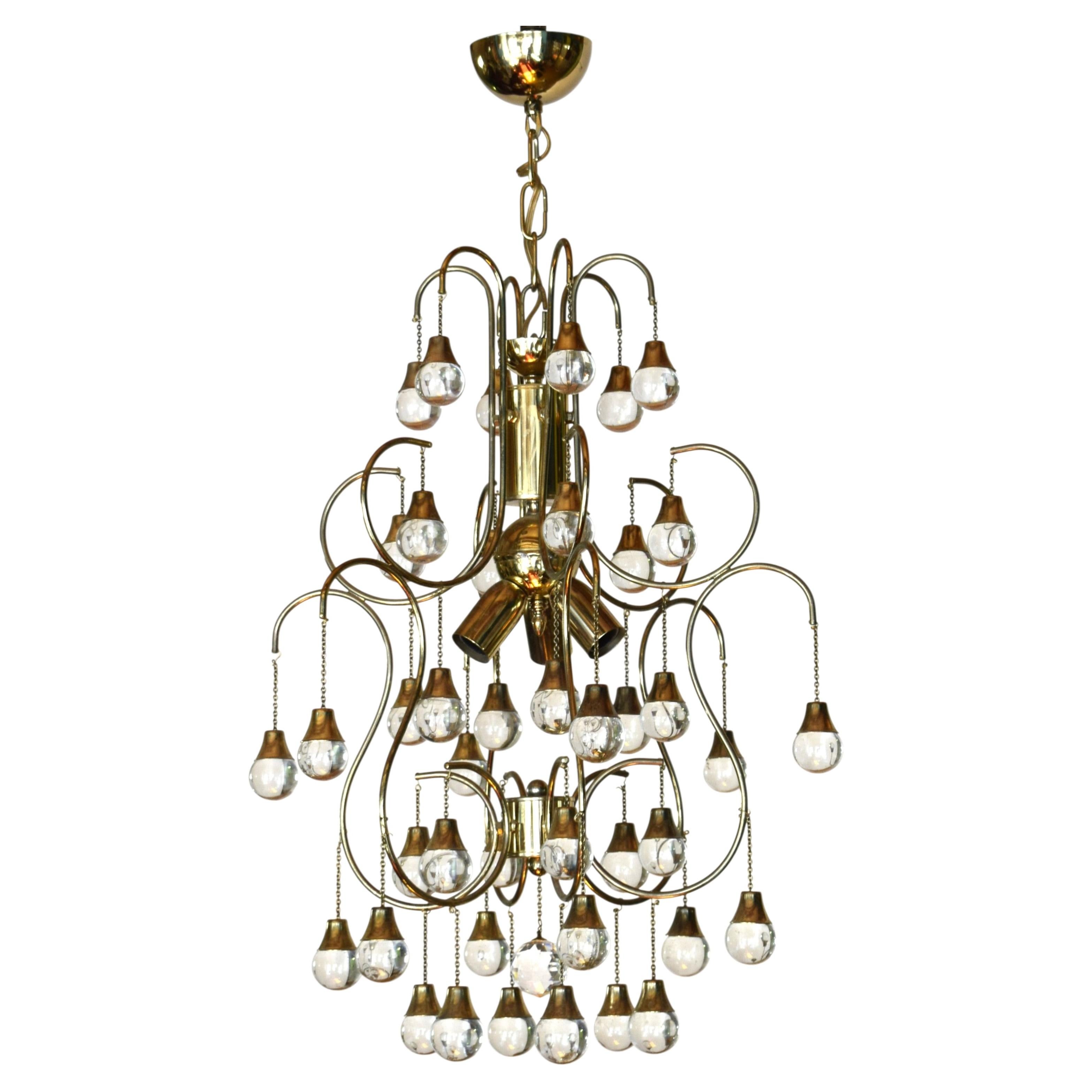 Large Italian brass and glass drop chandelier, Hollywood Regency Paolo Venini
