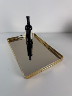 Large Italian Brass and Smoked Mirrored Glass Tray, 1980s