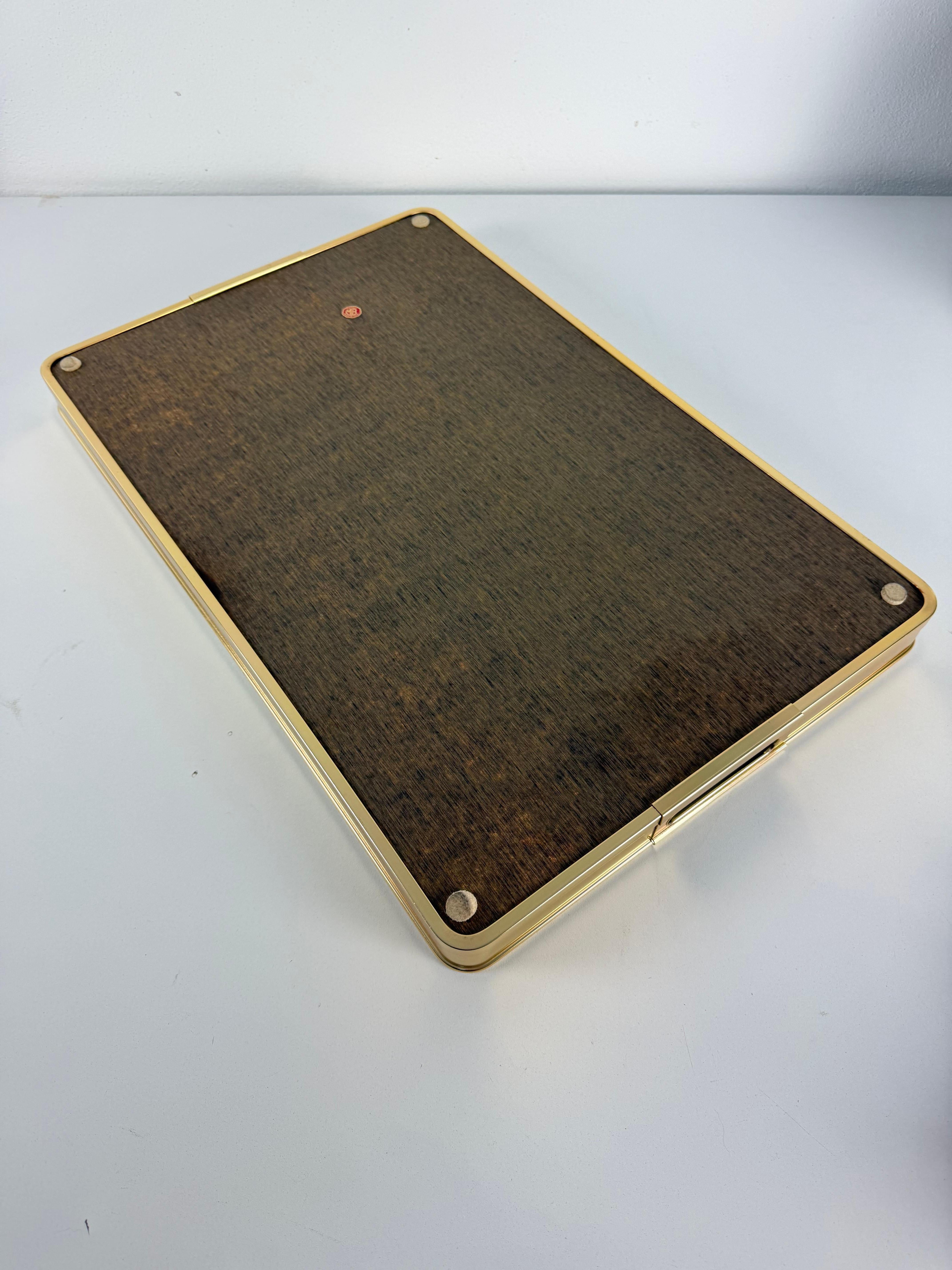 Laiton Large Italian Brass and Smoked Mirrored Glass Tray, 1980s en vente