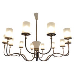 Vintage Large Italian Brass Chandelier, Twelve-Arm, Frosted Glass Shades, 1950s