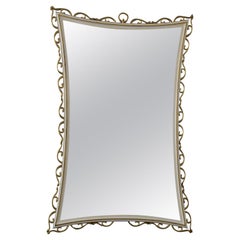 Large Italian Brass Mirror with Gold Colored Ornament, 1950s Midcentury