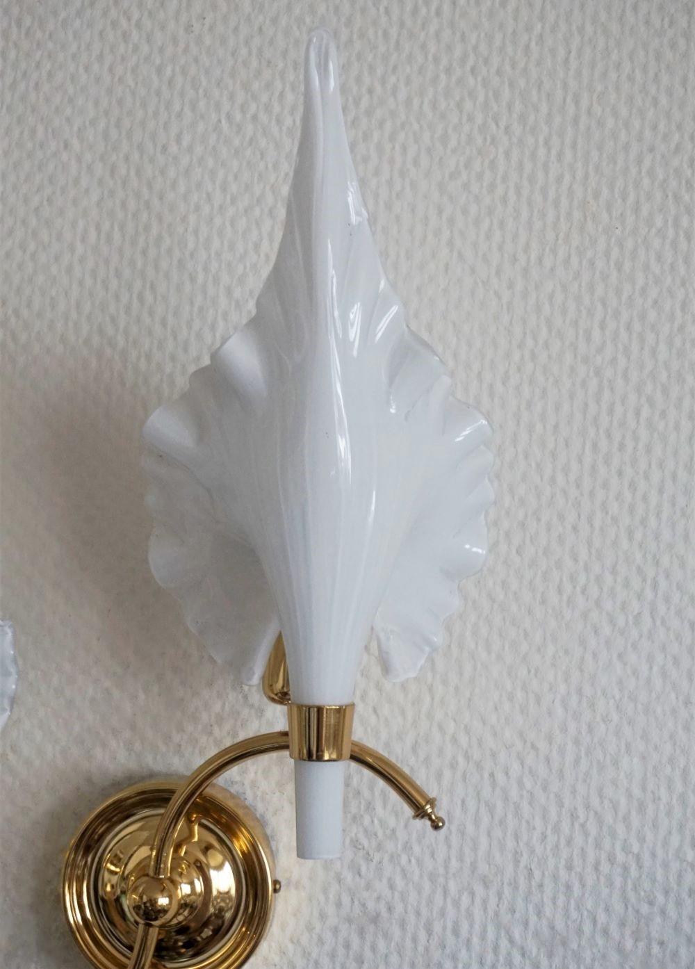 Italian Barovier & Toso White Murano Glass Brass Leaf Two-Light Wall Sconce, 1950s For Sale