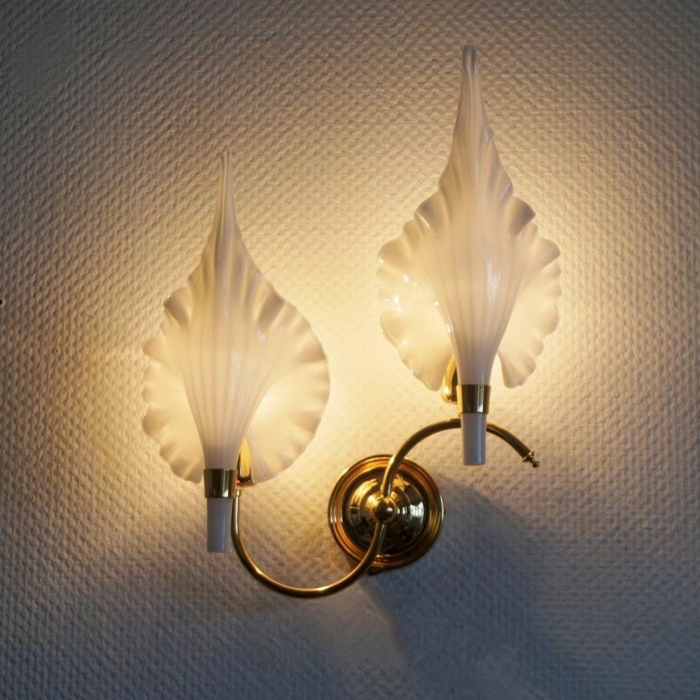 Gilt Barovier & Toso White Murano Glass Brass Leaf Two-Light Wall Sconce, 1950s For Sale