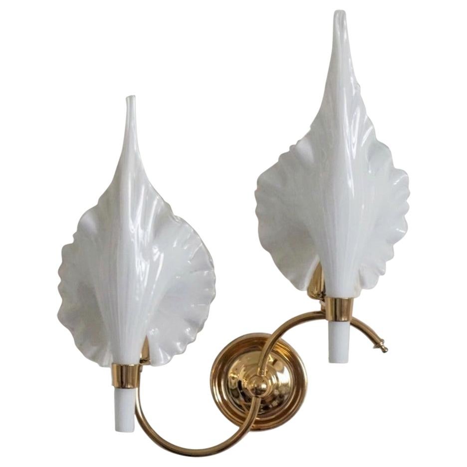 Barovier & Toso White Murano Glass Brass Leaf Two-Light Wall Sconce, 1950s